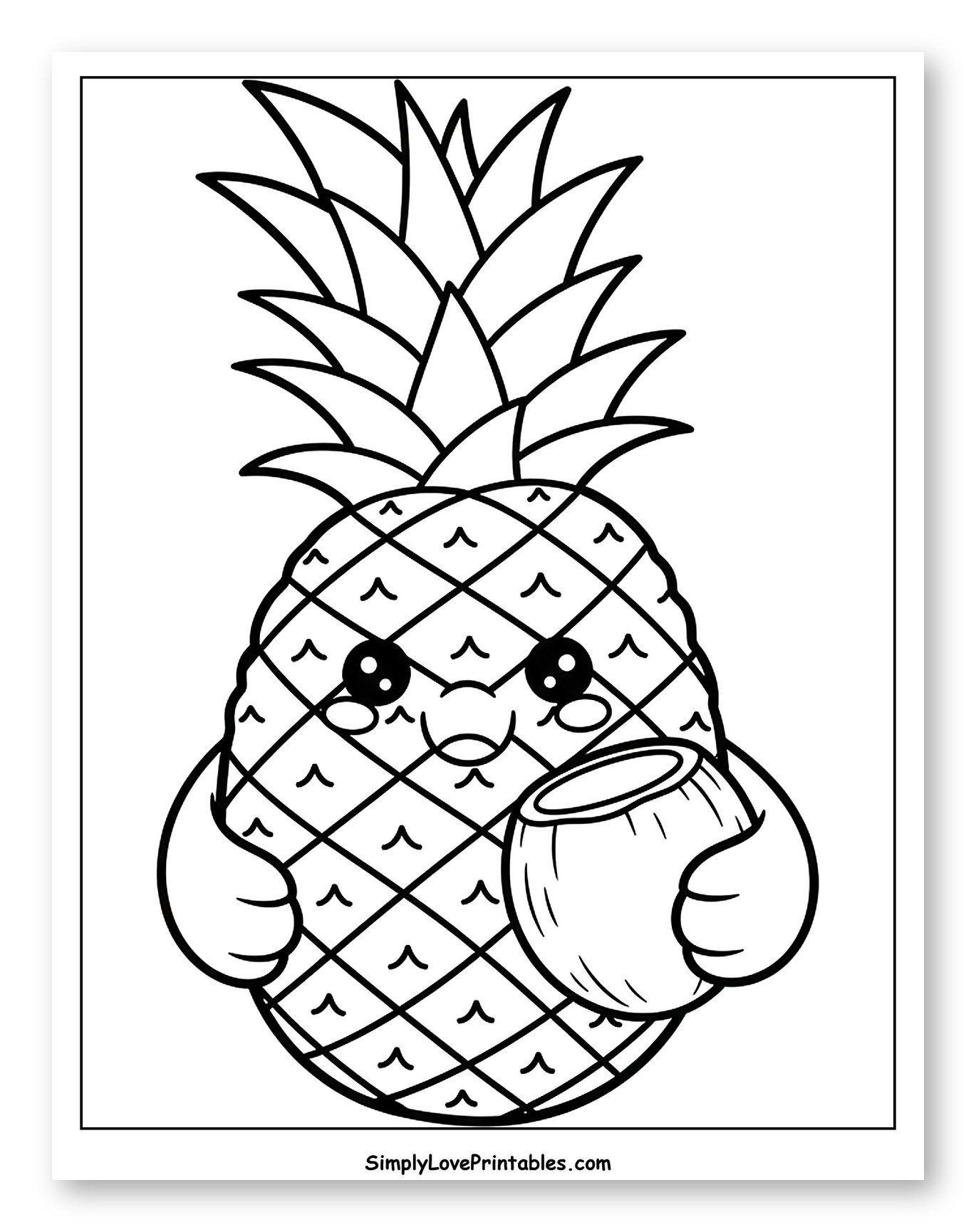 Cute Pineapple Holding a Coconut Drink Coloring Page for Toddlers