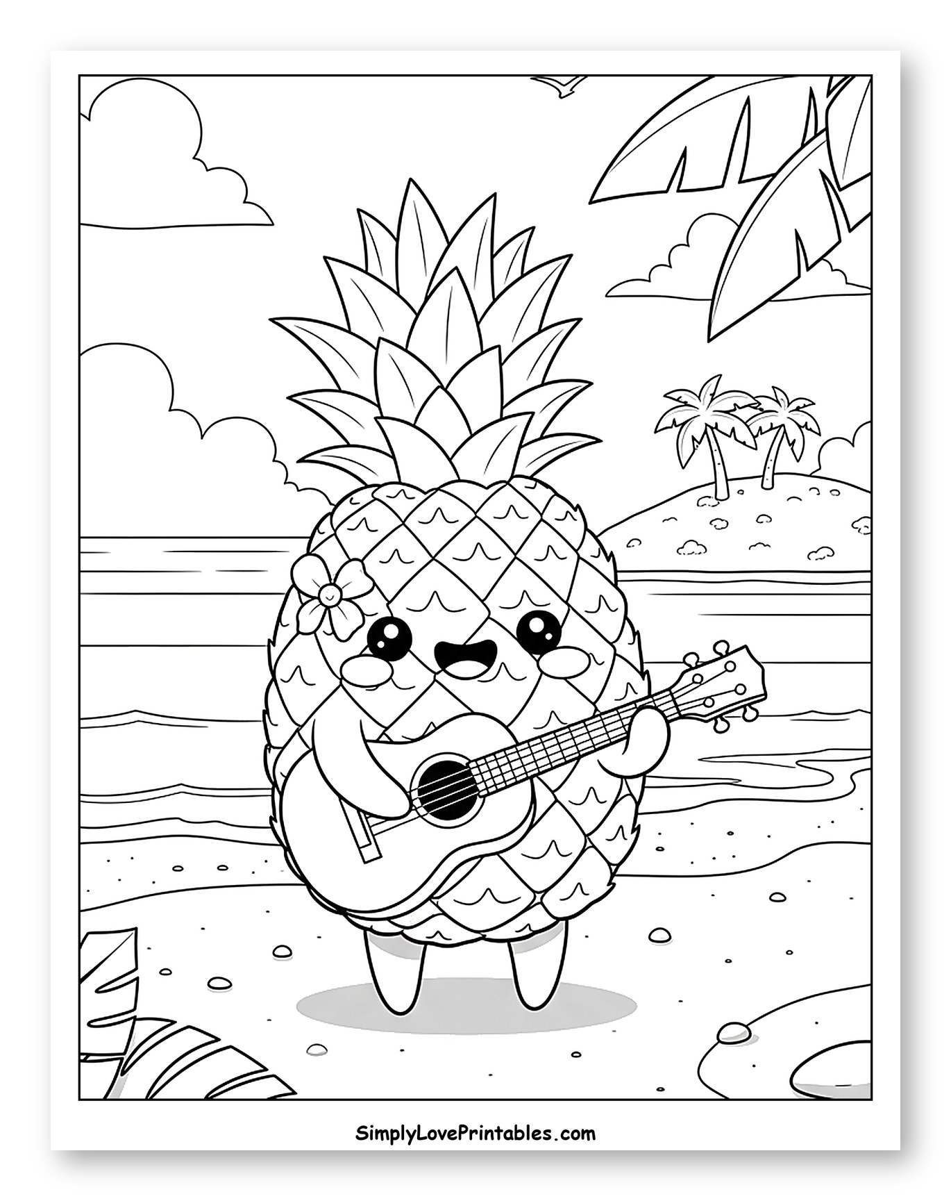 Cute Pineapple Playing Ukulele on Tropical Beach