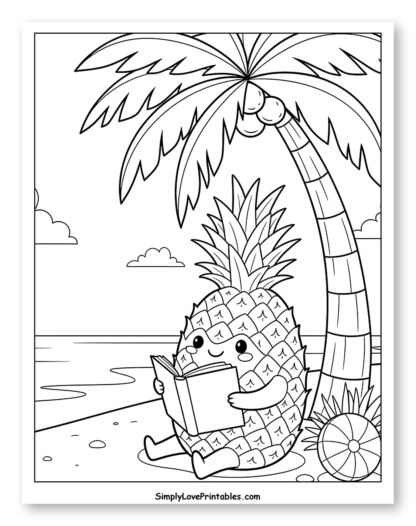 Cute Pineapple Reading Book on Sandy Beach Coloring Sheet for Kids