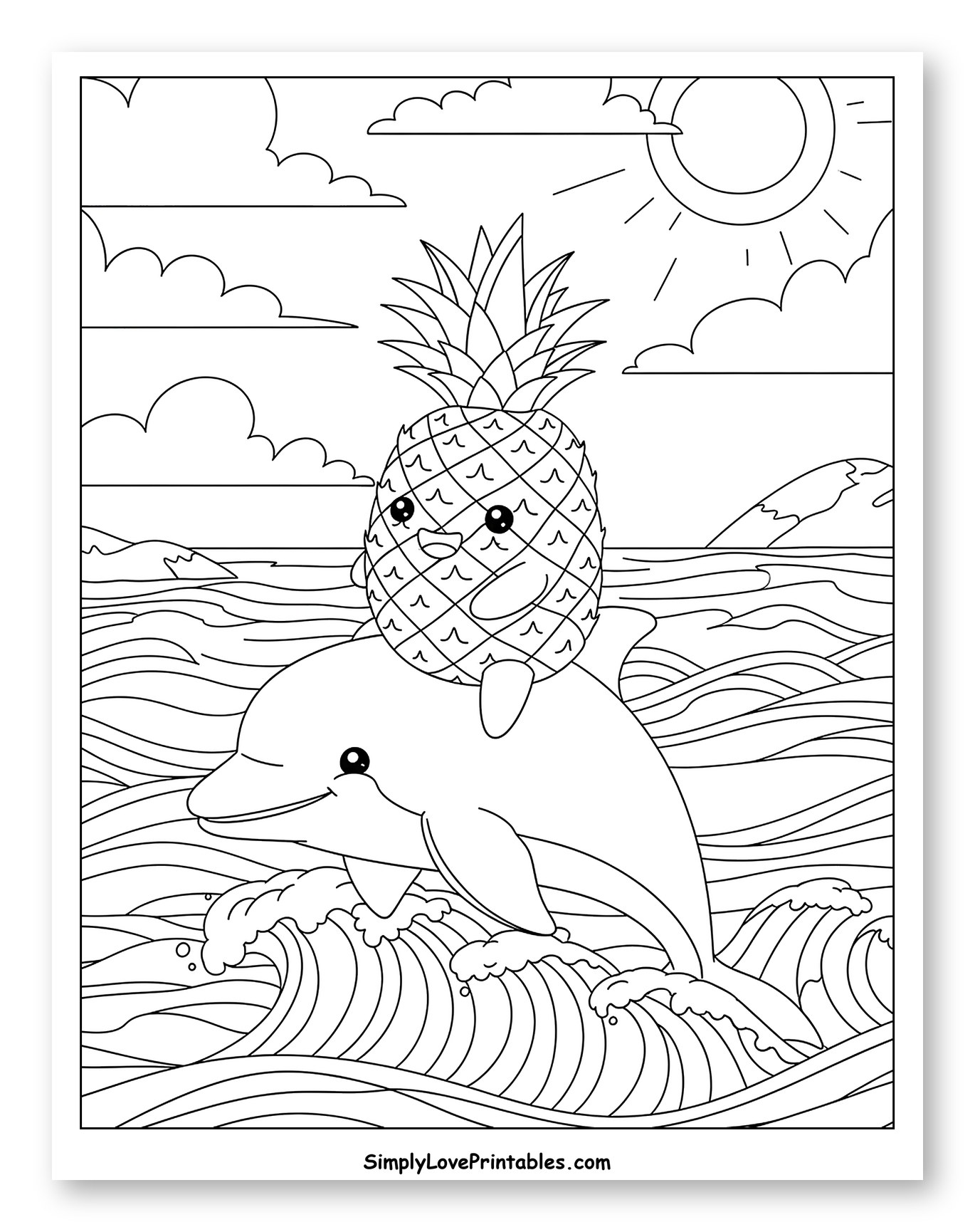Cute Pineapple Riding a Dolphin on Ocean Waves