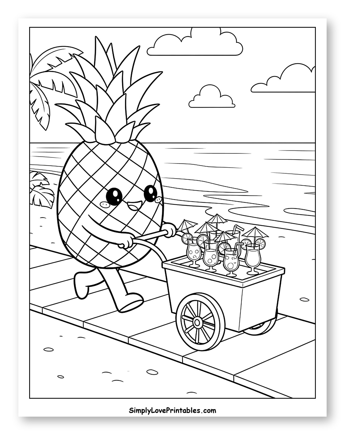 Cute Pineapple Selling Tropical Drinks by the Beach Coloring Page for Kids