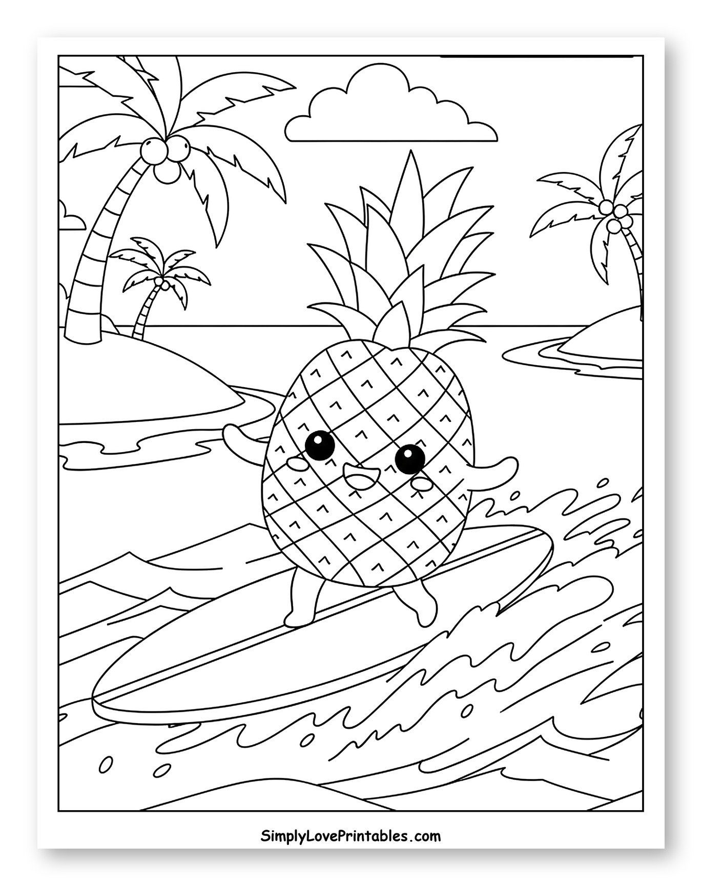 Cute Pineapple Surfing in Tropical Waters Coloring Page for Kids