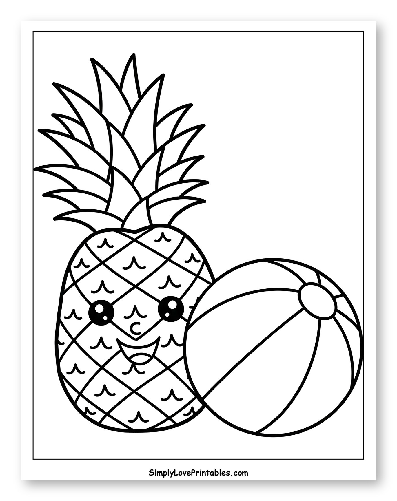 Cute Pineapple with Beach Ball to Color for Toddlers