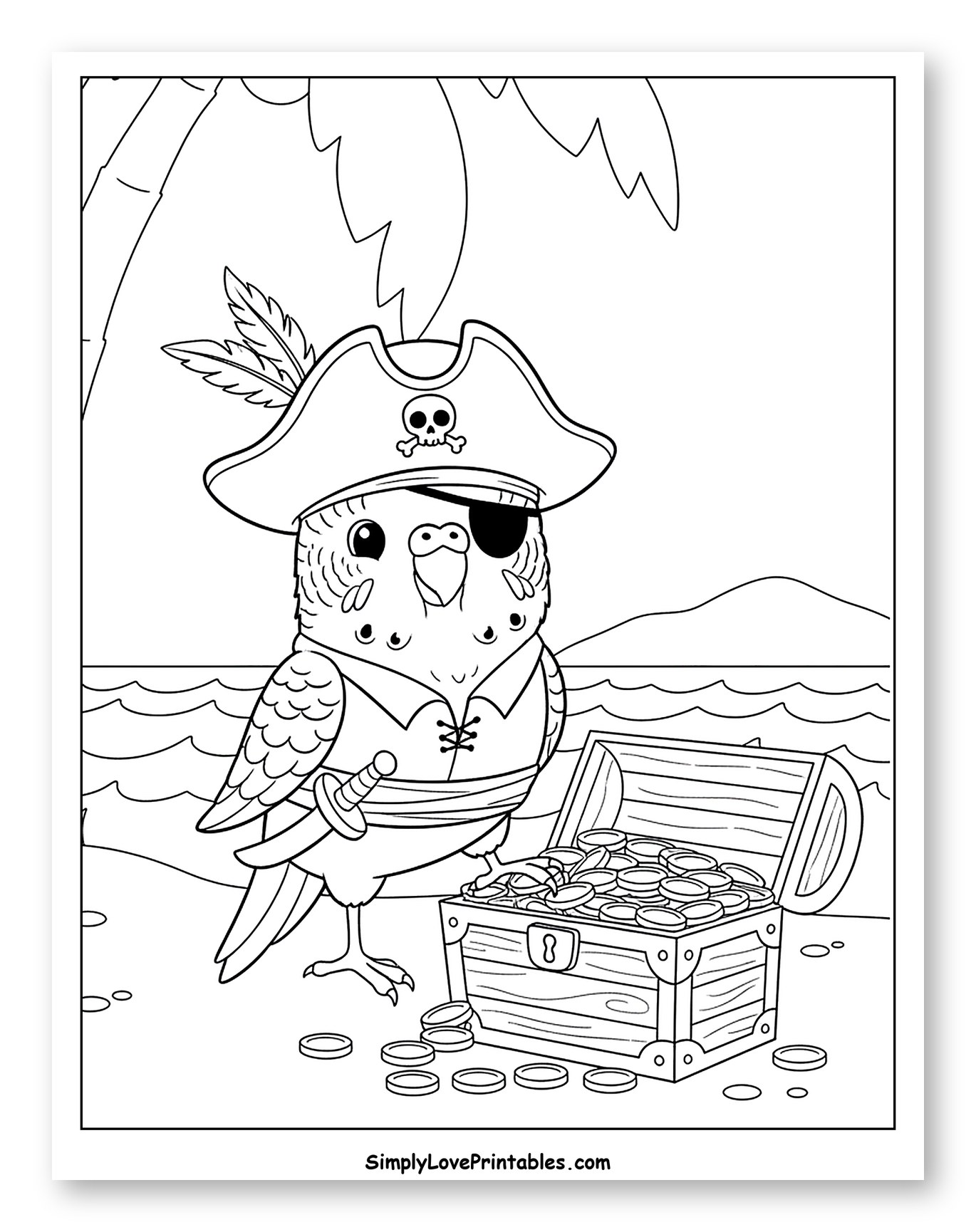 Cute Pirate Budgie with Treasure Chest