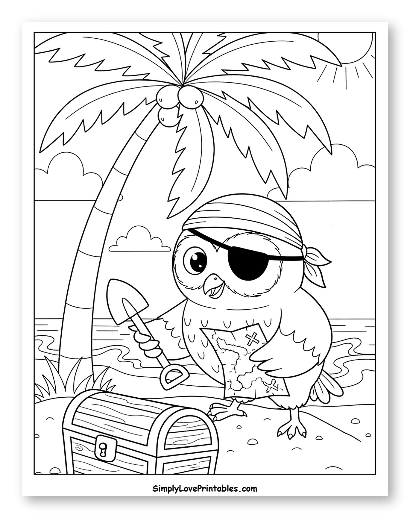 Cute Pirate Owl Finds Treasure Chest on Island Coloring Page for Kids