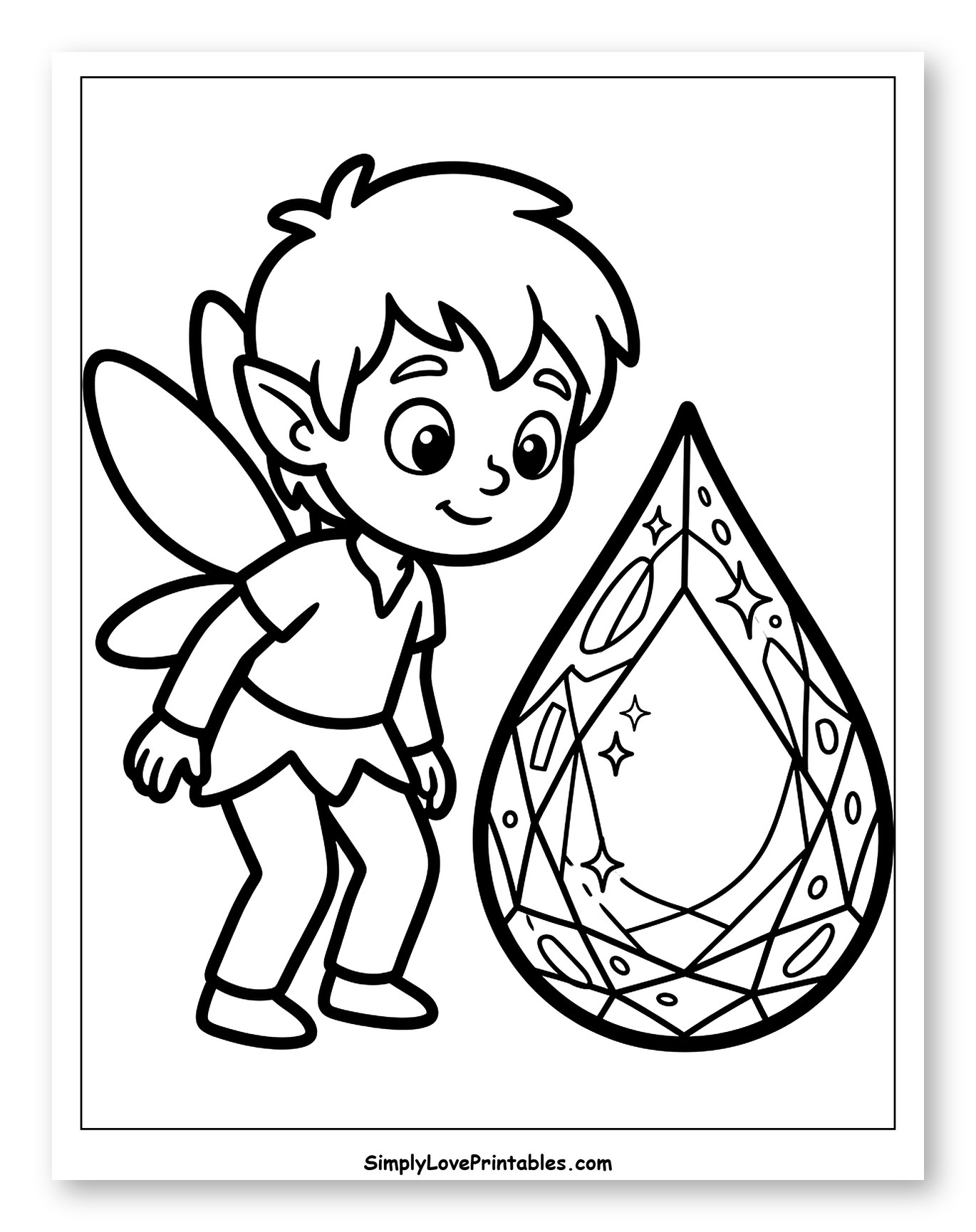 Cute Pixie Examining a Large Teardrop Gemstone Coloring Page for Toddlers