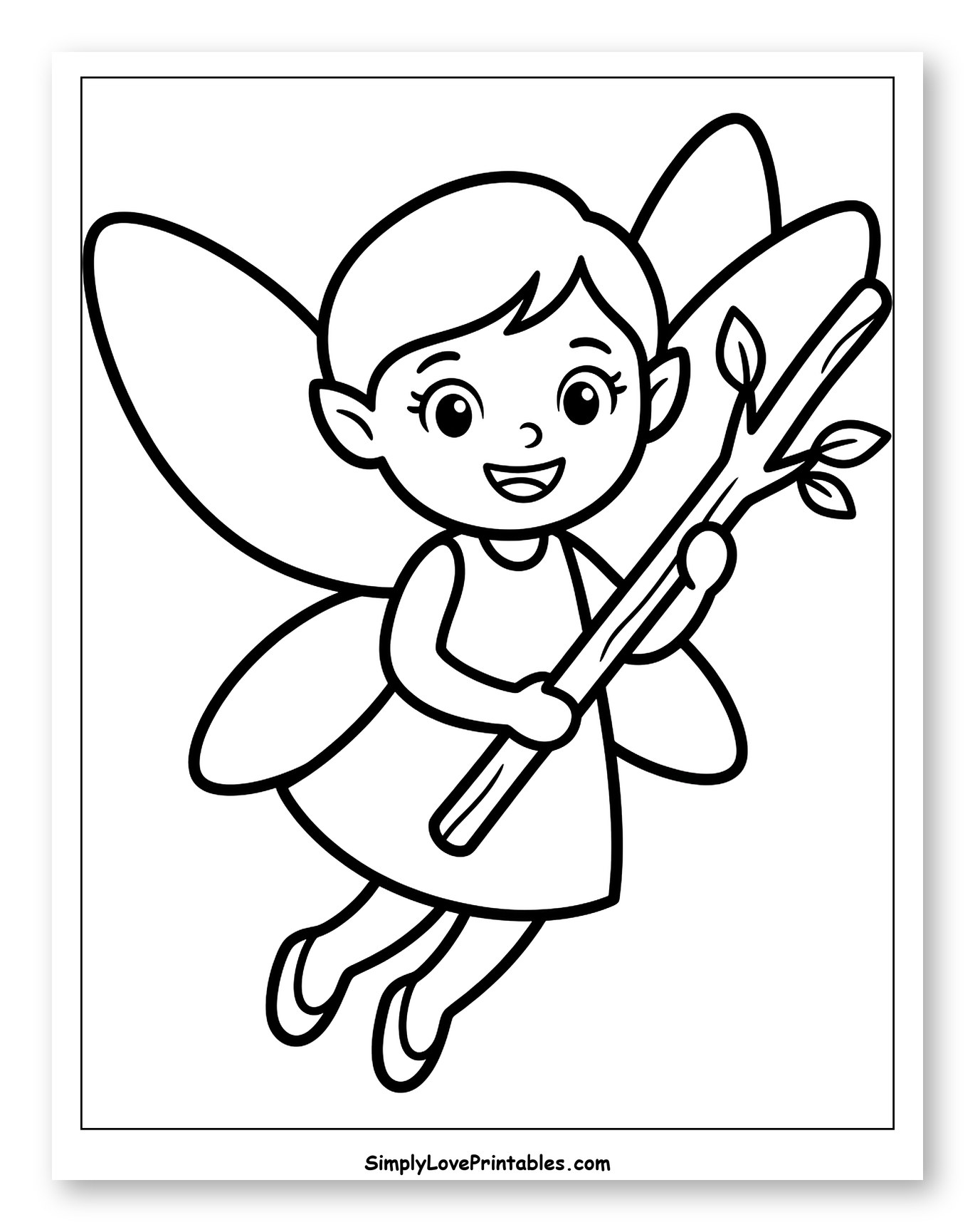 Cute Pixie Holding a Leafy Branch Coloring Page for Toddlers