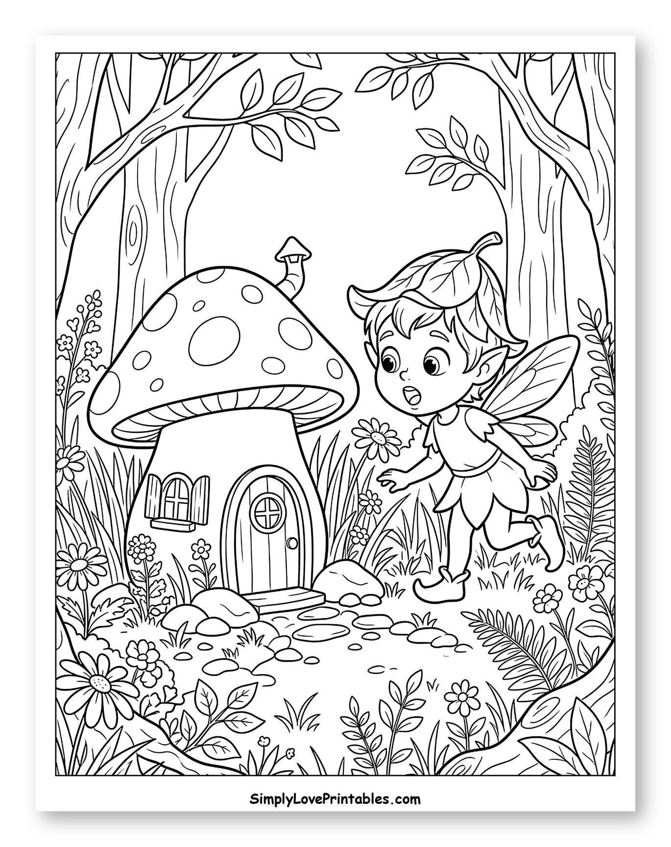 Cute Pixie Near a Mushroom House in Forest Coloring Page for Kids