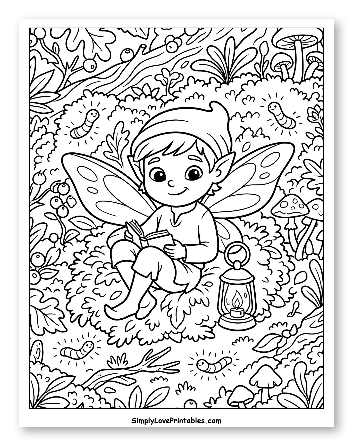 Cute Pixie Reading Book in Enchanted Forest Coloring Page for Kids