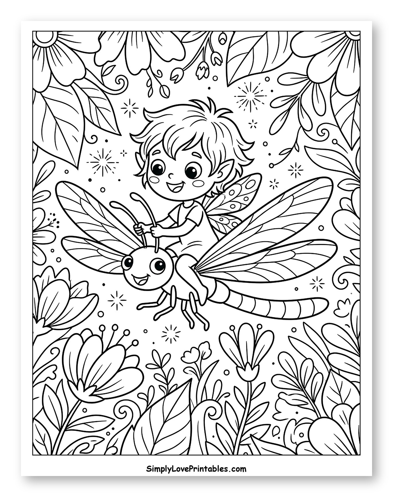 Cute Pixie Riding a Dragonfly in a Garden