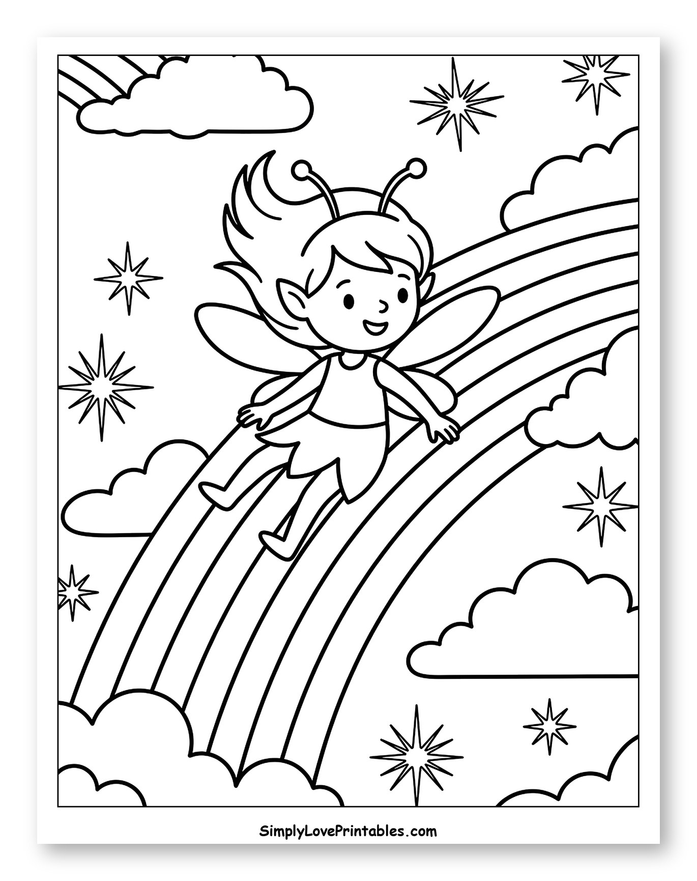 Cute Pixie Sliding Down a Rainbow Coloring Page for Kids