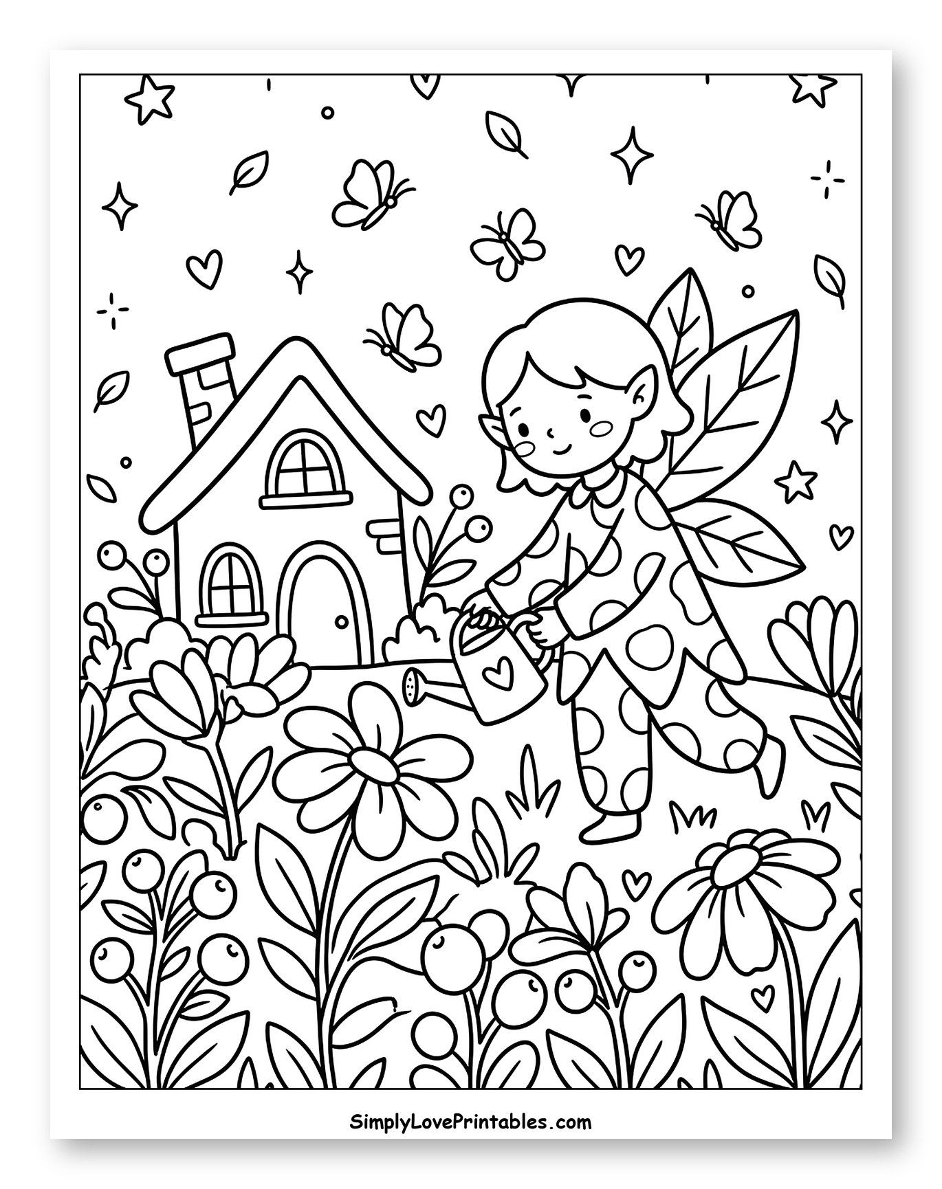 Cute Pixie Watering Flowers by a Tiny House Coloring Sheet for Adults