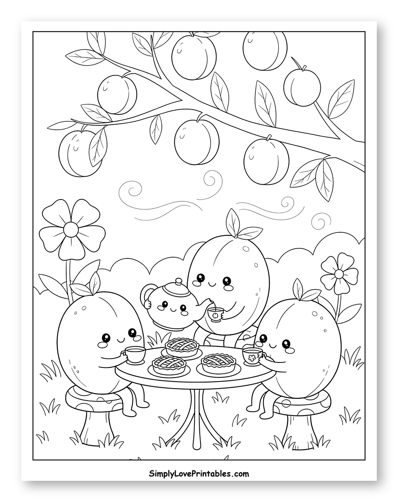Cute Plums Enjoying an Outdoor Tea Party to Color for Kids