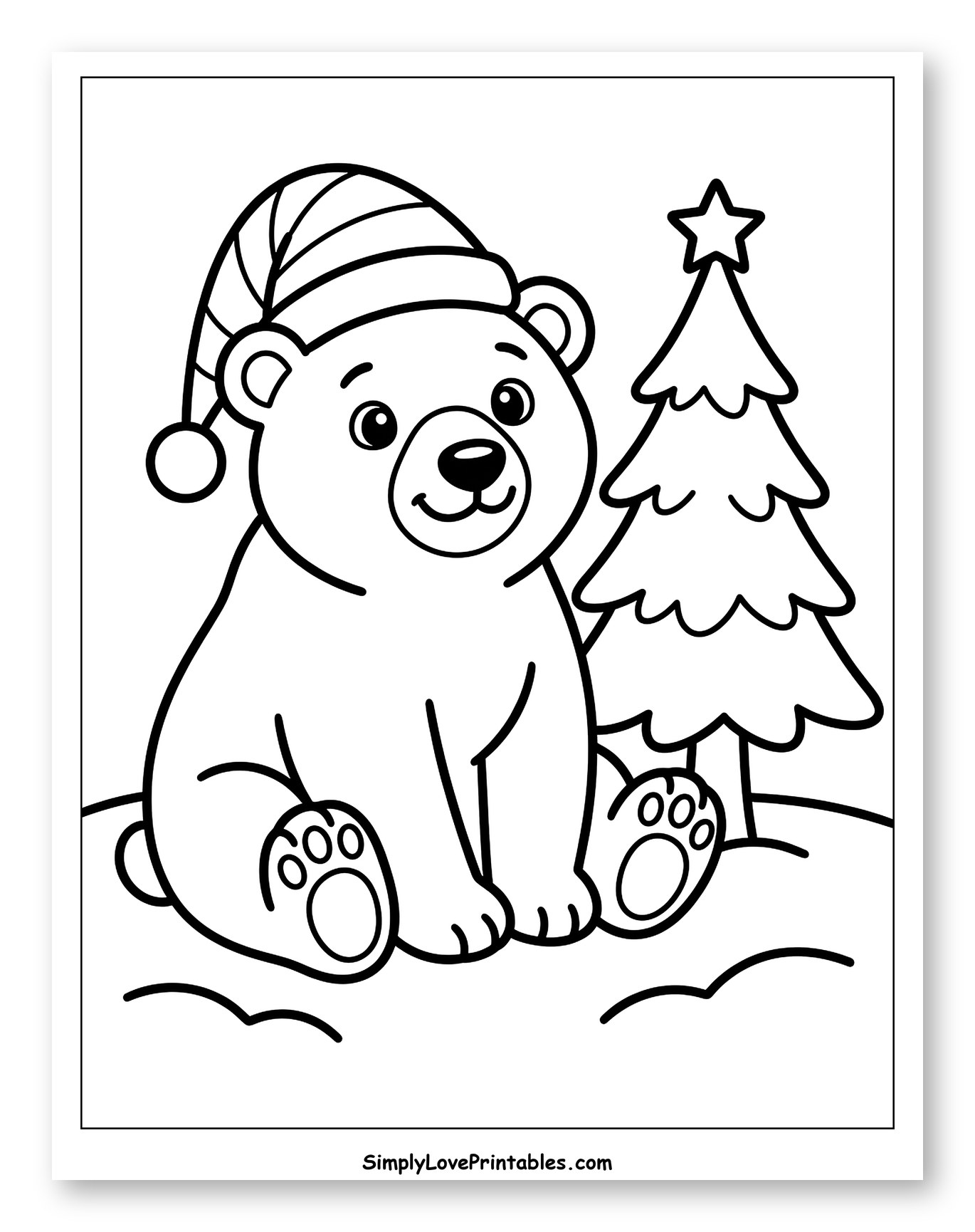 Cute Polar Bear by a Christmas Tree Coloring Sheet for Toddlers