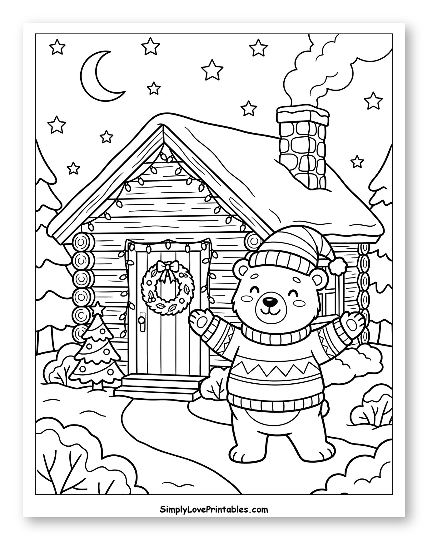 Cute Polar Bear by a Cozy Winter Cabin