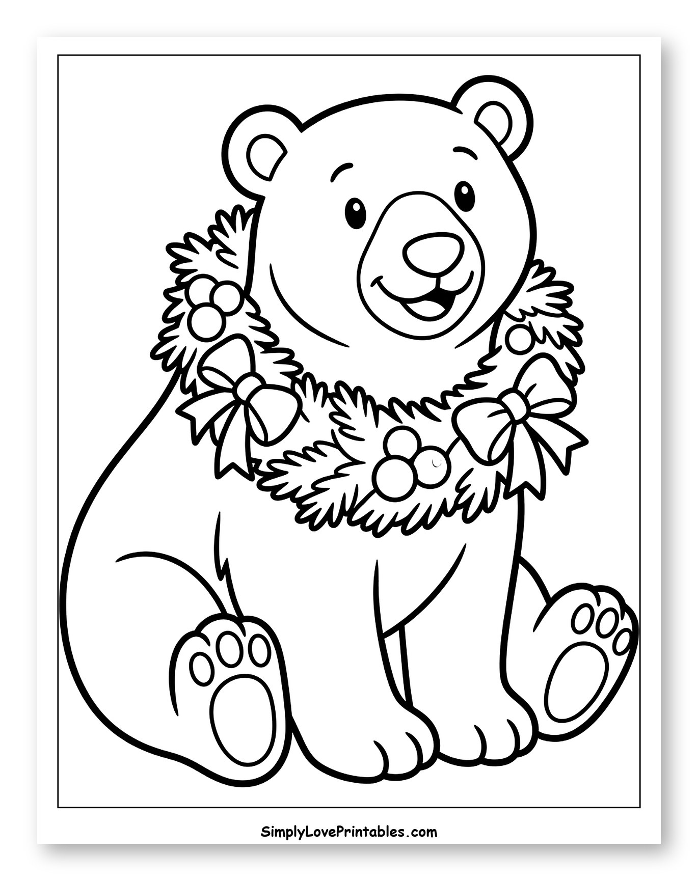Cute Polar Bear Cub Wearing a Christmas Wreath Coloring Sheet for Toddlers