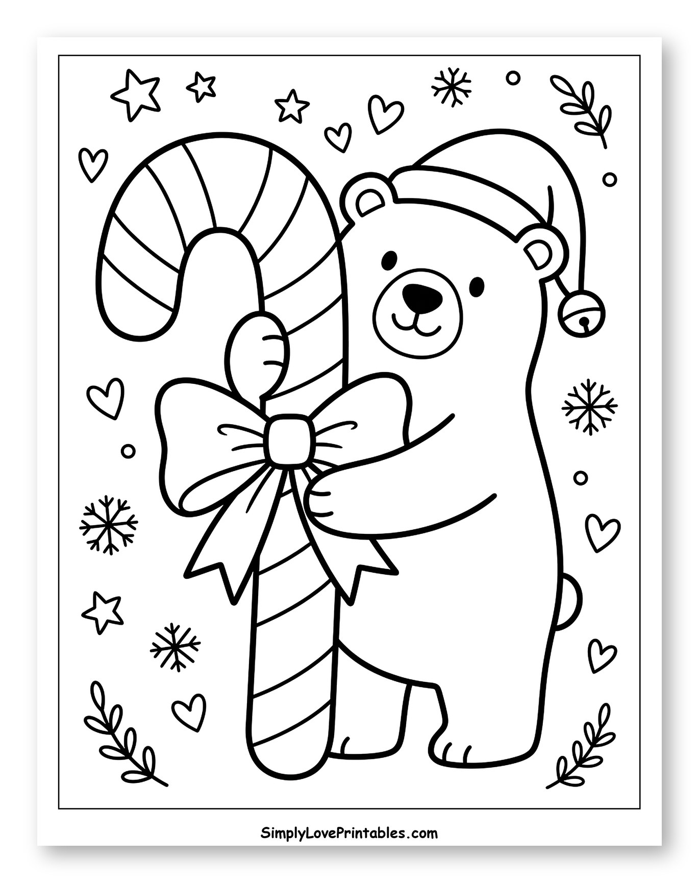 Cute Polar Bear Holding a Giant Candy Cane Coloring Page for Adults