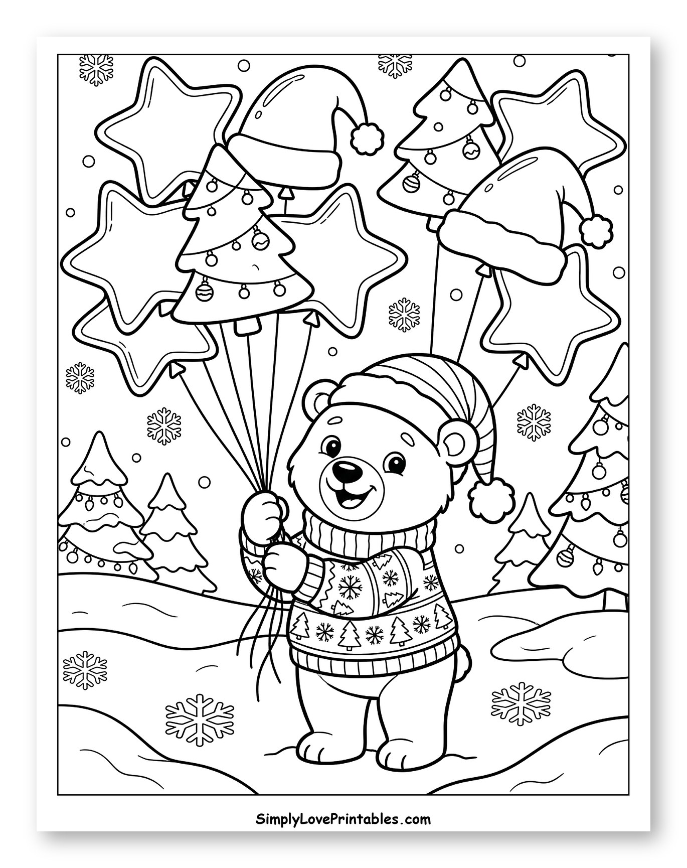 Cute Polar Bear with Festive Christmas Balloons Coloring Sheet for Kids