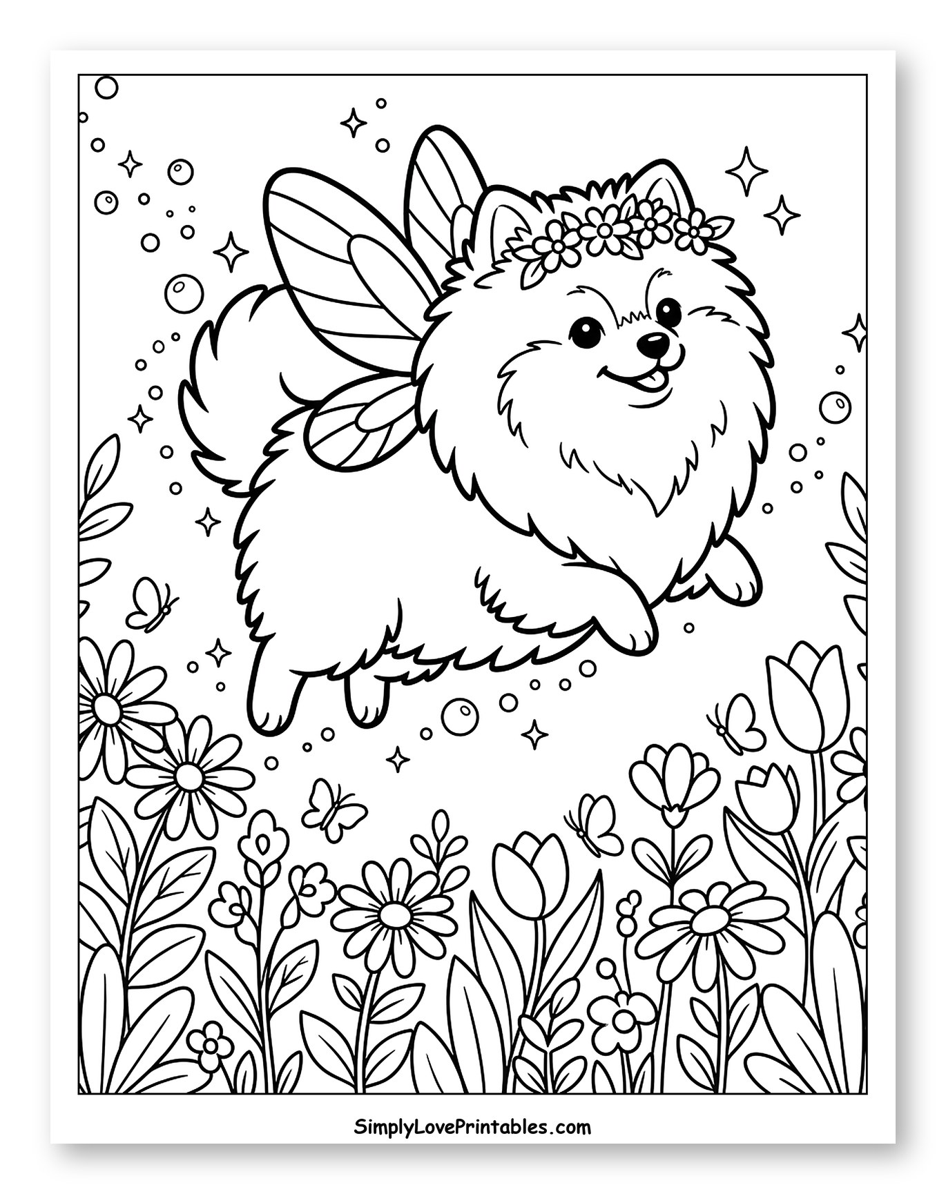 Cute Pomeranian Fairy Dog Flying Among Flowers