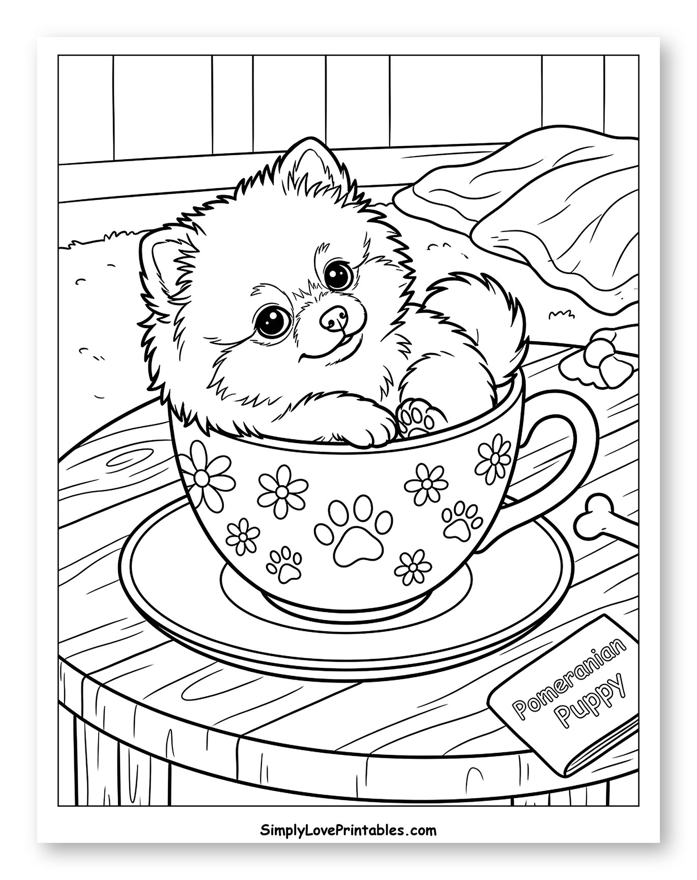Cute Pomeranian Puppy Sitting in a Teacup Coloring Page for Kids