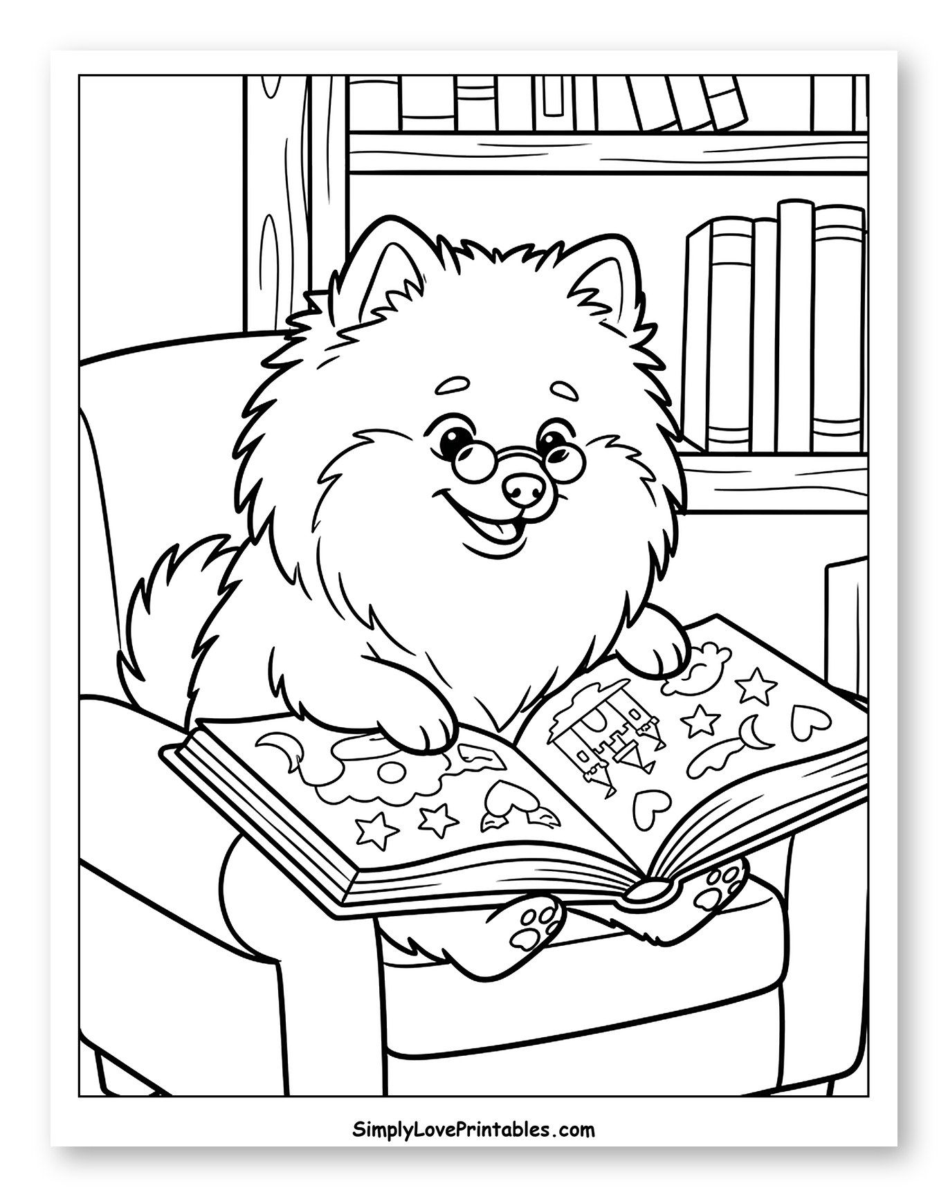 Cute Pomeranian Reads Storybook in Cozy Armchair Coloring Sheet for Kids