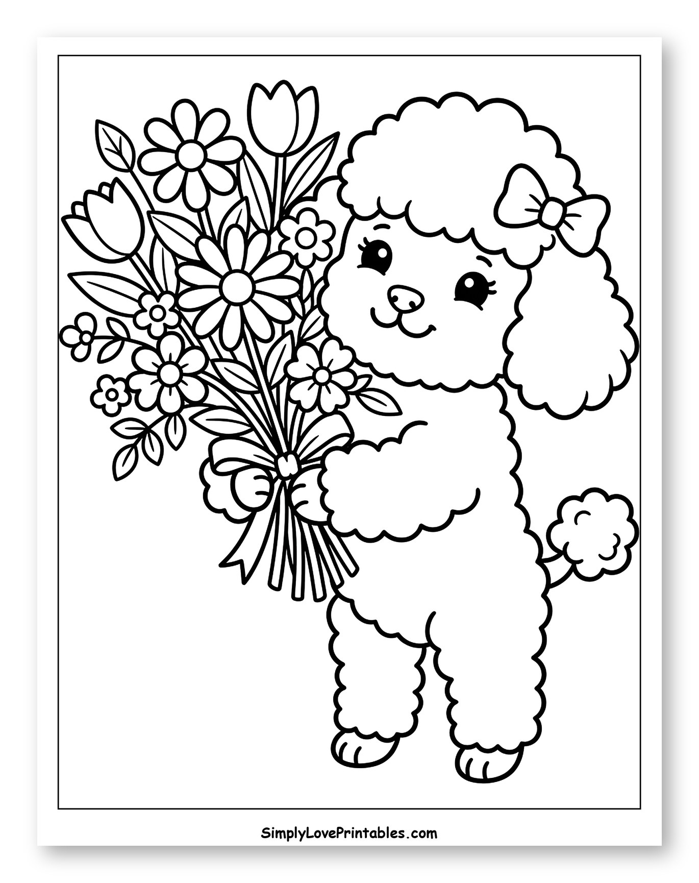 Cute Poodle Holding a Big Flower Bouquet