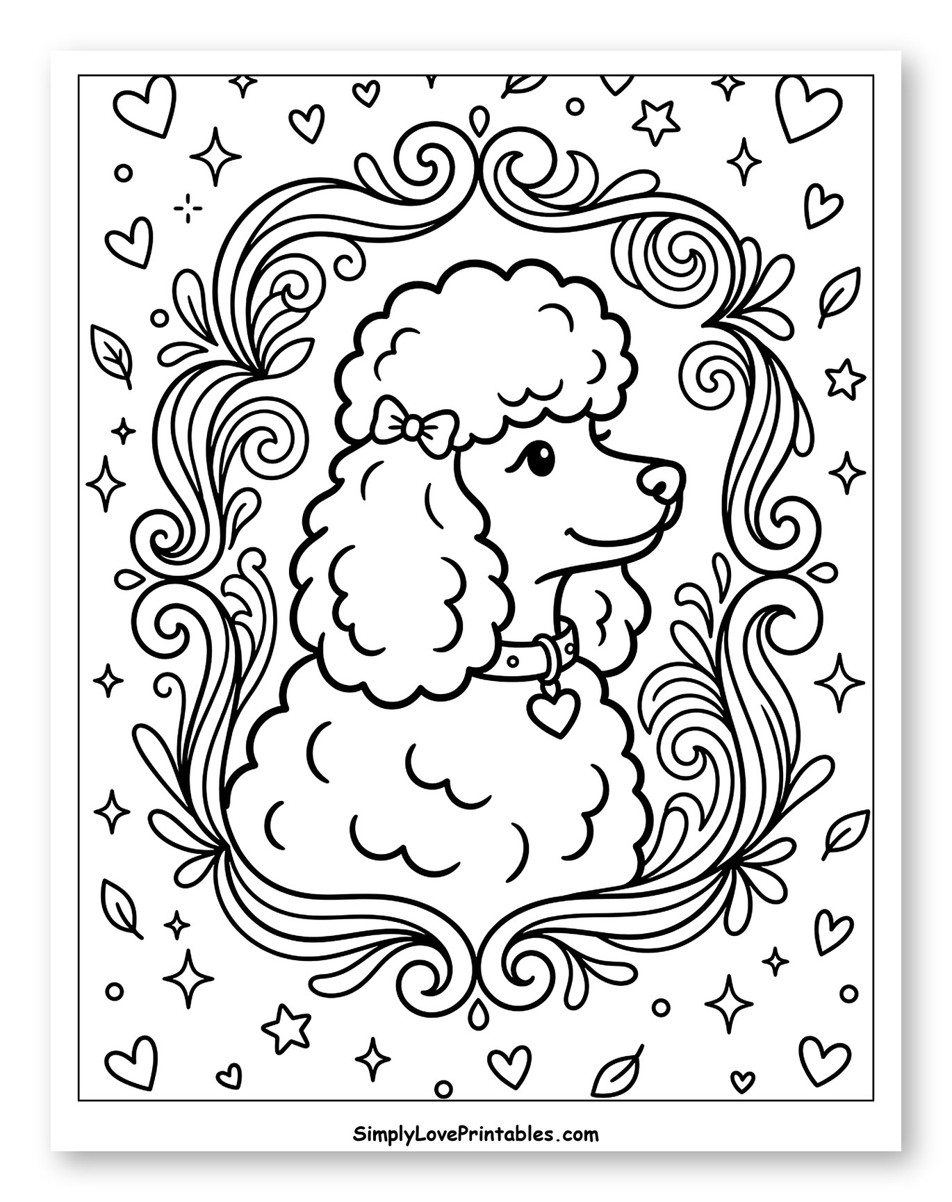 Cute Poodle in a Decorative Swirly Frame Coloring Sheet for Adults