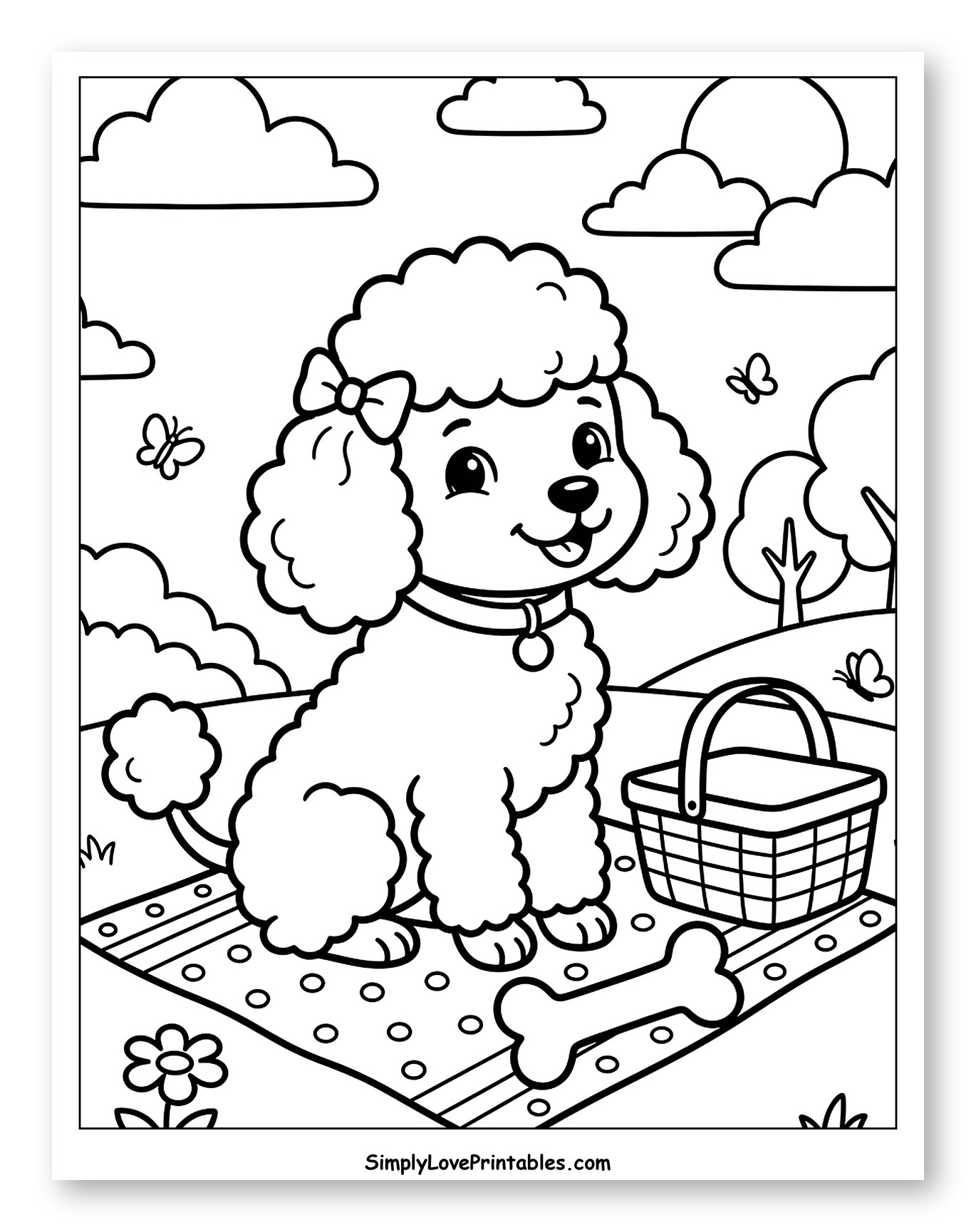 Cute Poodle on a Picnic Blanket to Color for Kids