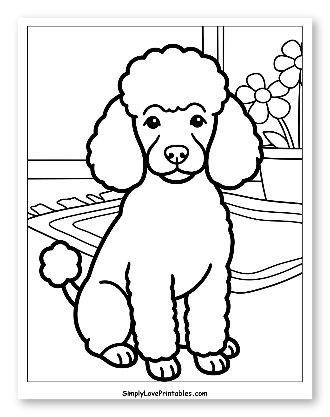 Cute Poodle Sitting by a Window Coloring Page for Toddlers