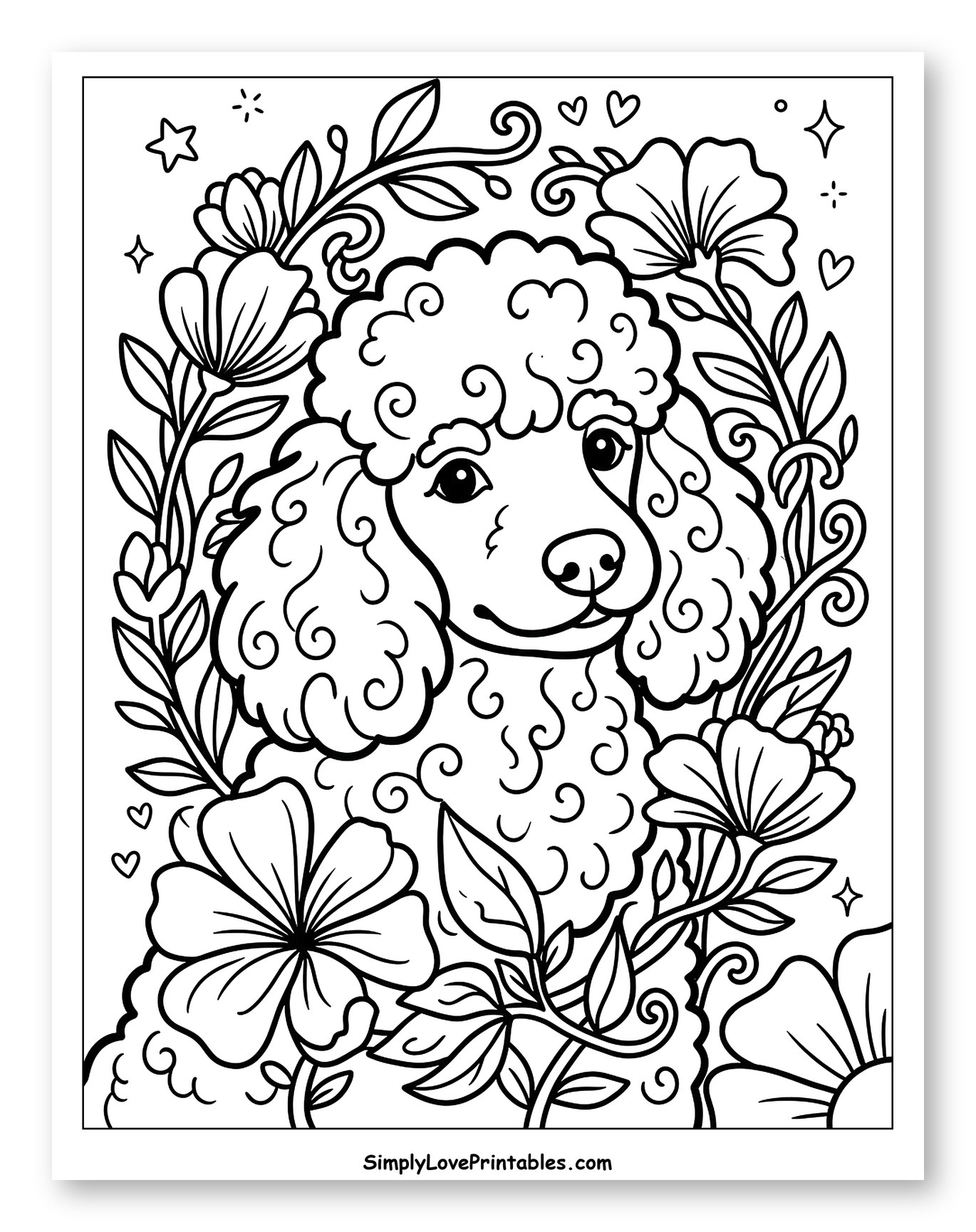 Cute Poodle Surrounded by Floral Vines Coloring Page for Adults