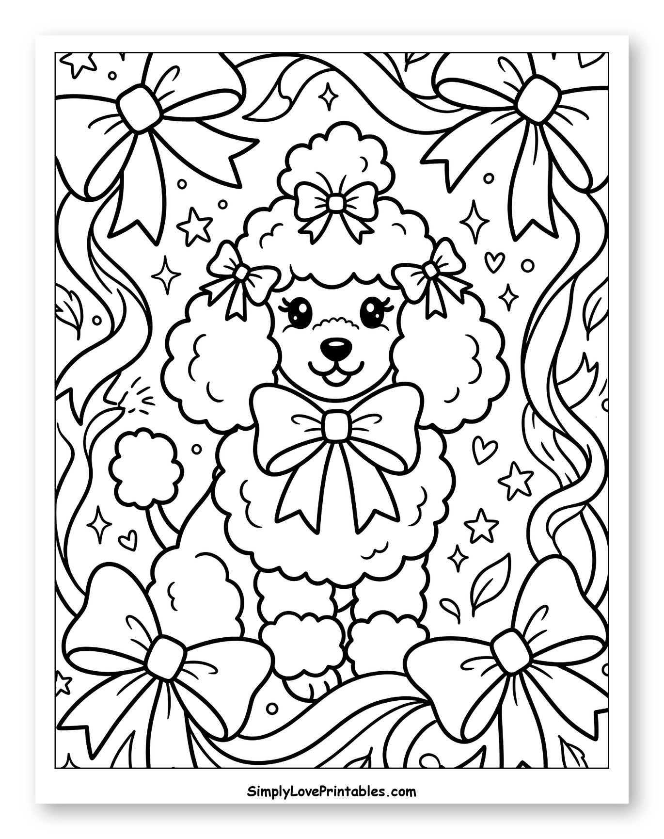 Cute Poodle with Bows and Ribbons to Color for Adults