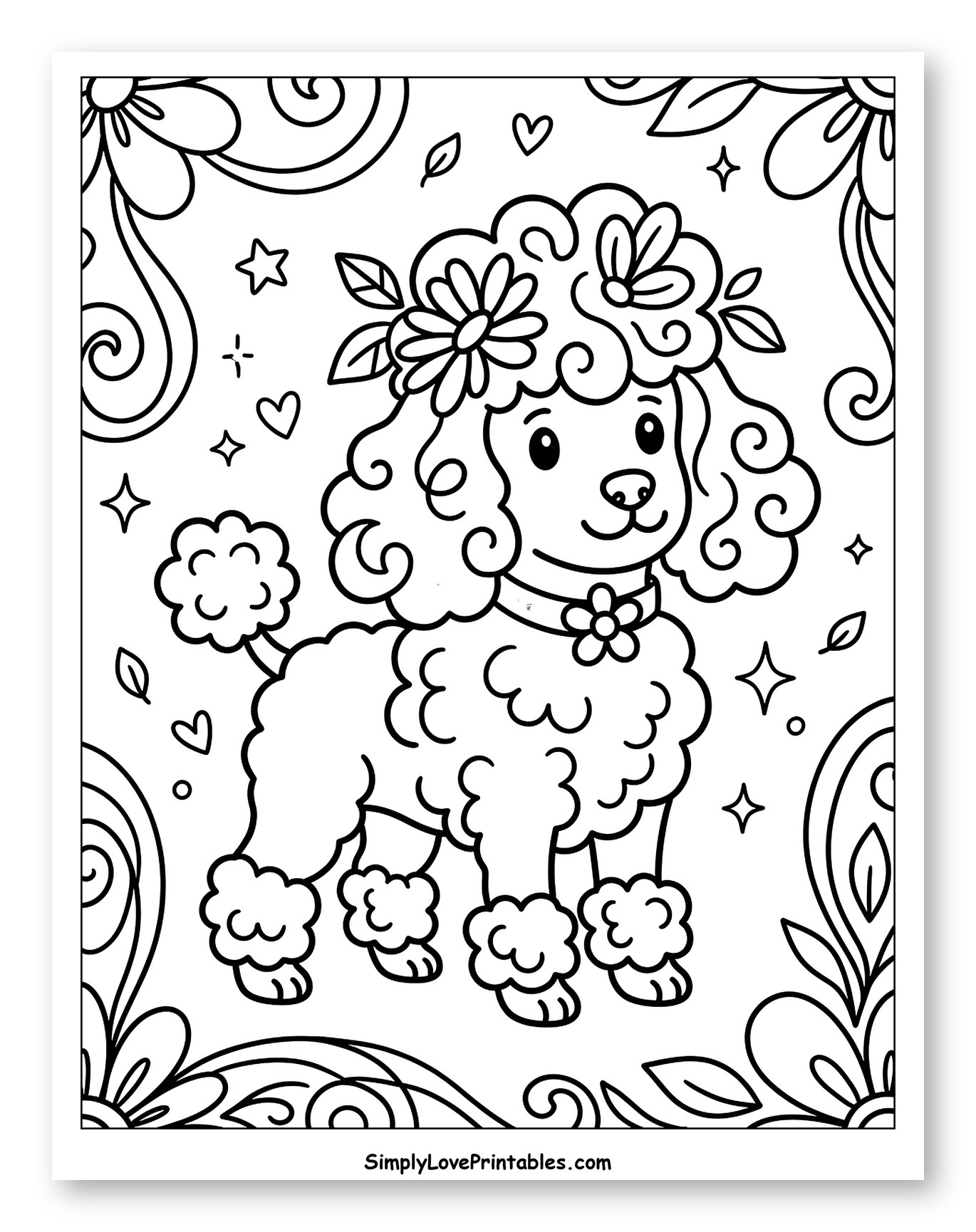 Cute Poodle with Flowers and Floral Background to Color for Adults