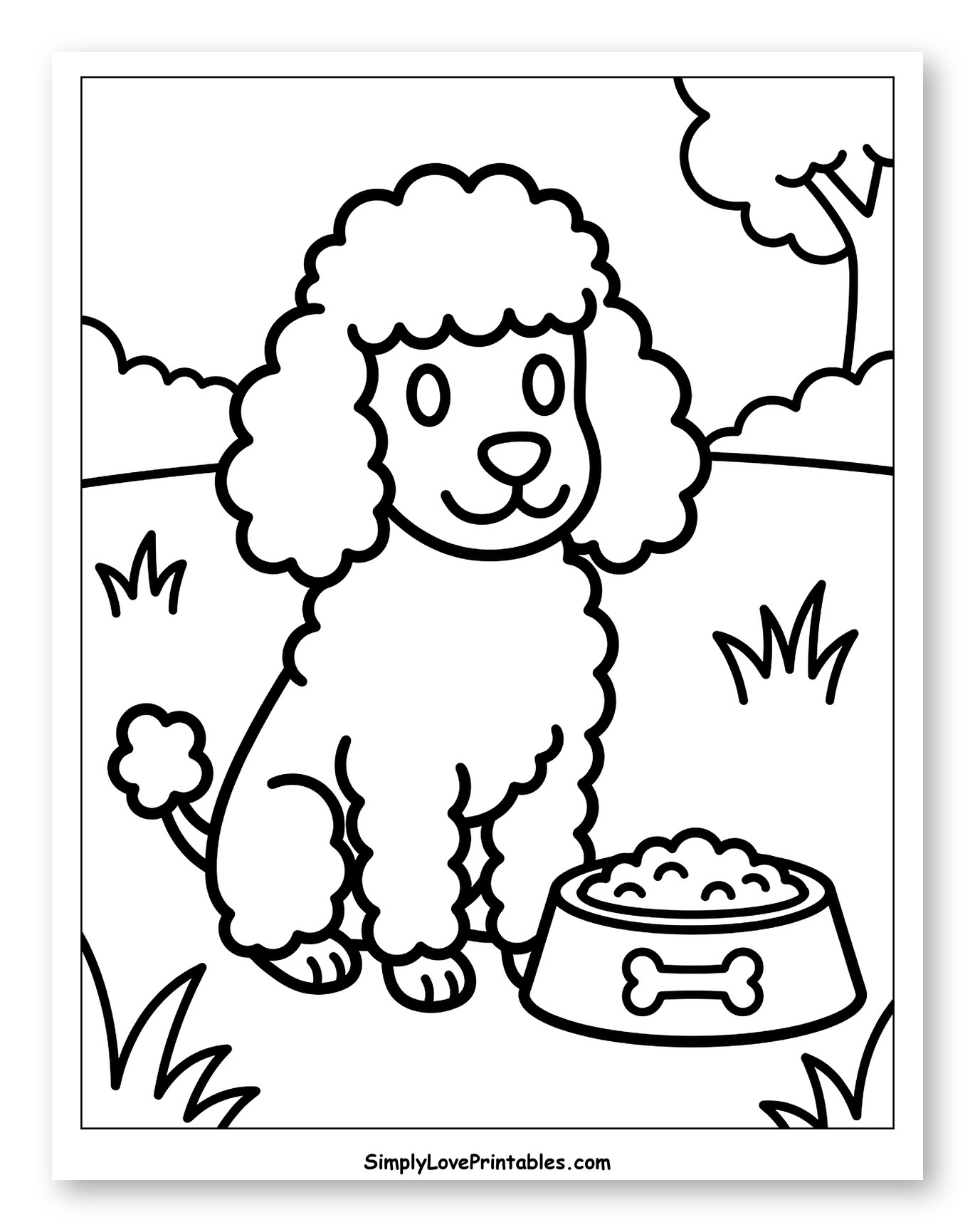Cute Poodle with Food Bowl in a Park Coloring Sheet for Toddlers