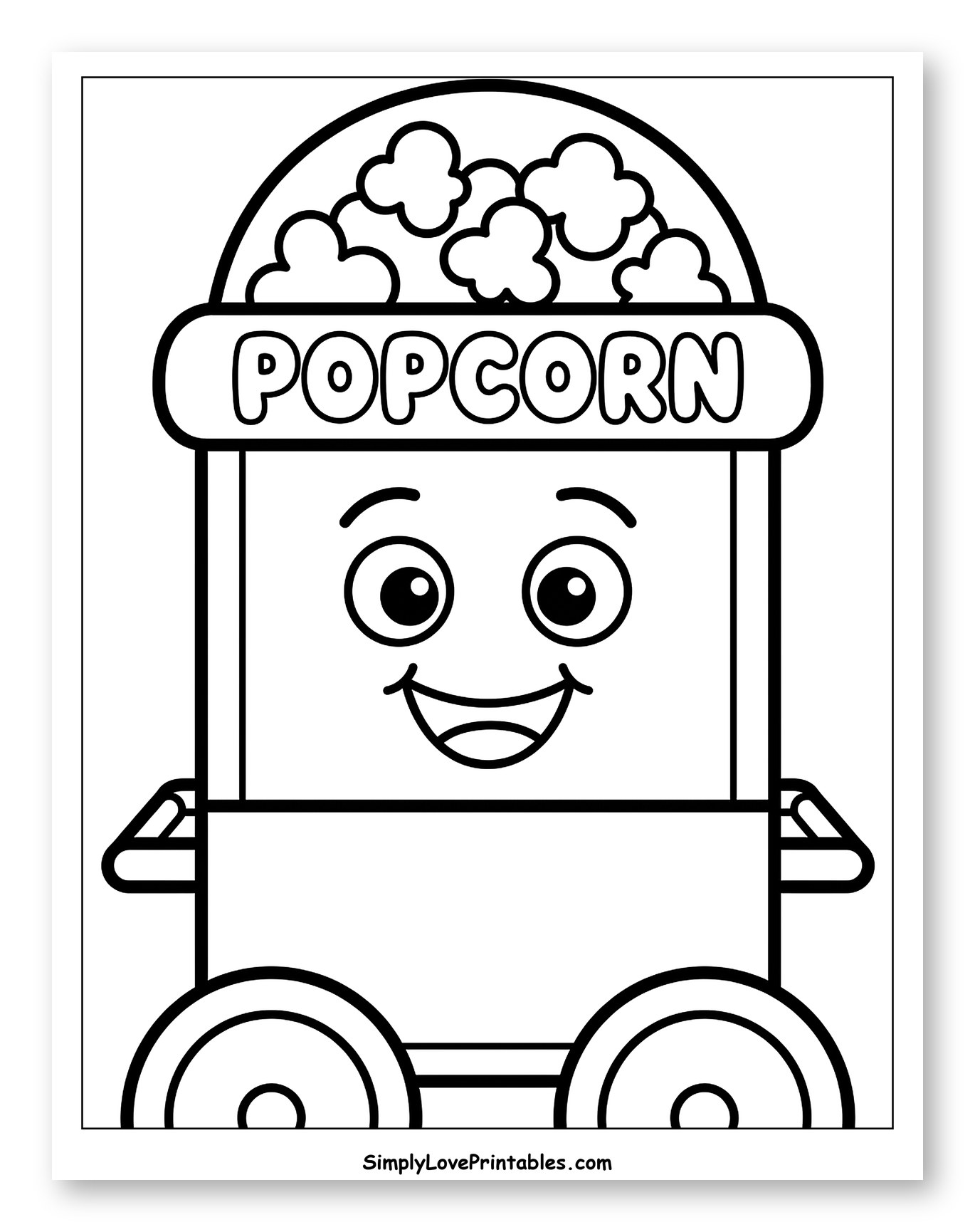 Cute Popcorn Cart with a Happy Face Coloring Page for Toddlers