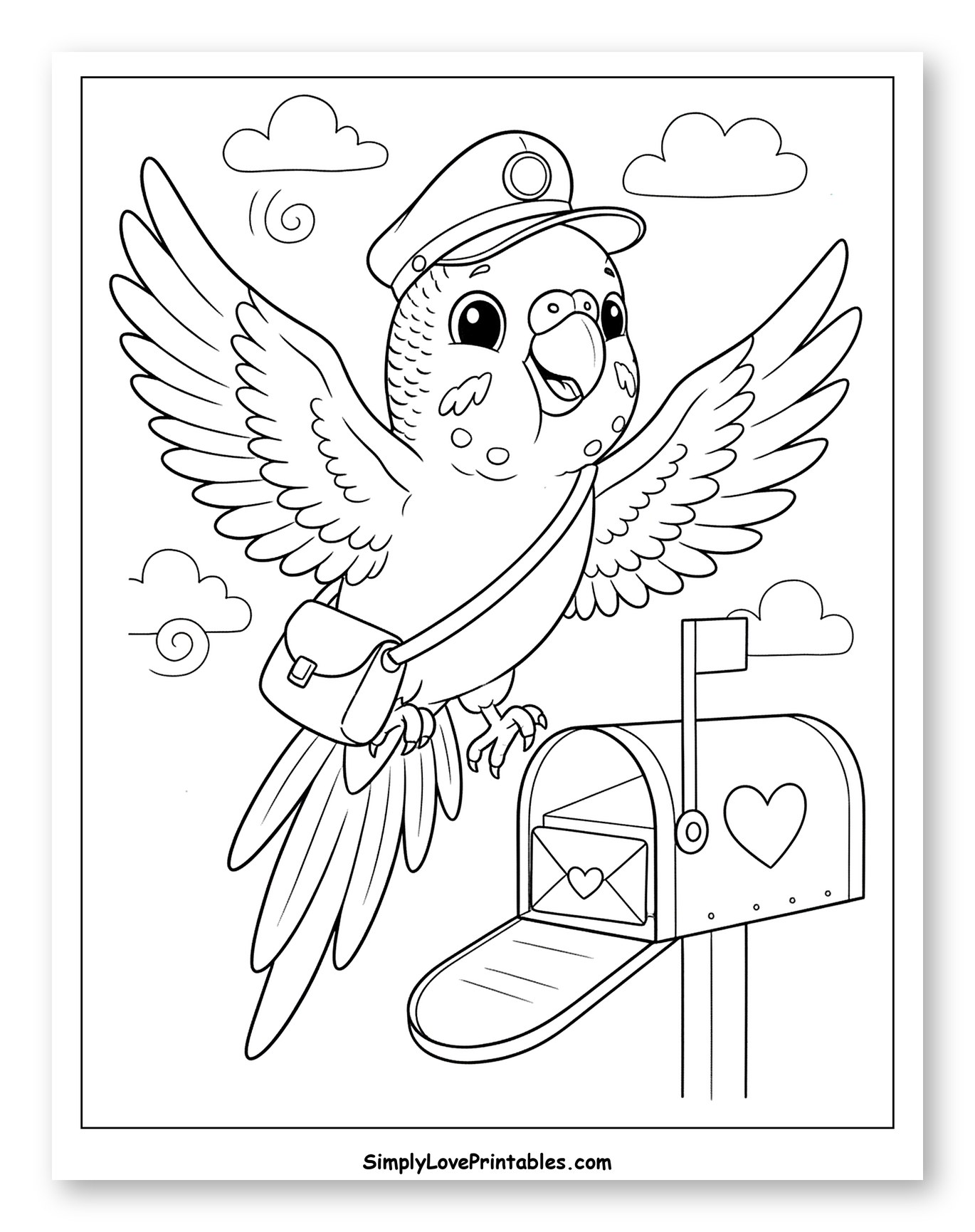 Cute Postman Parakeet Flying to Mailbox Coloring Sheet for Kids