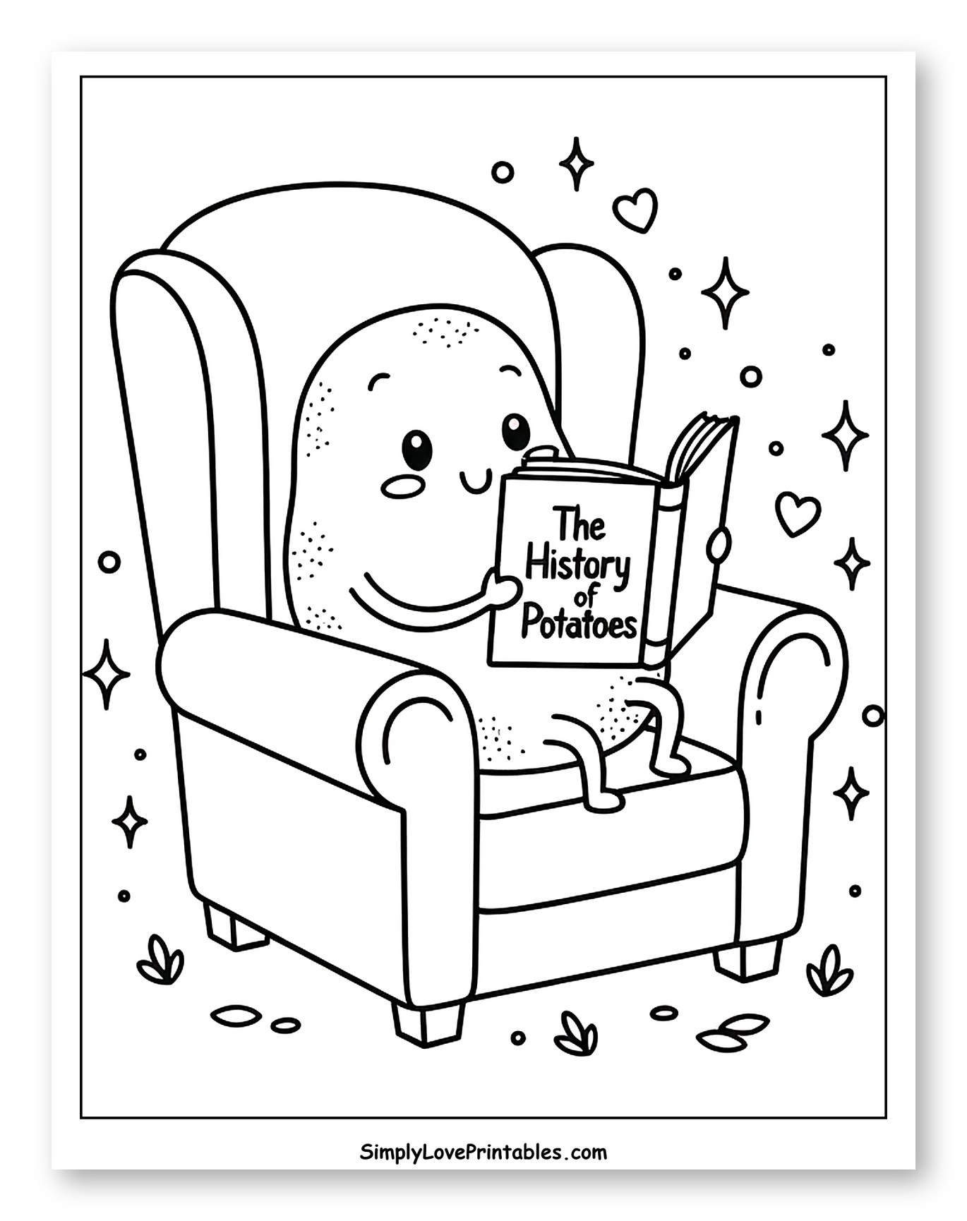 Cute Potato Reading History Book in Armchair