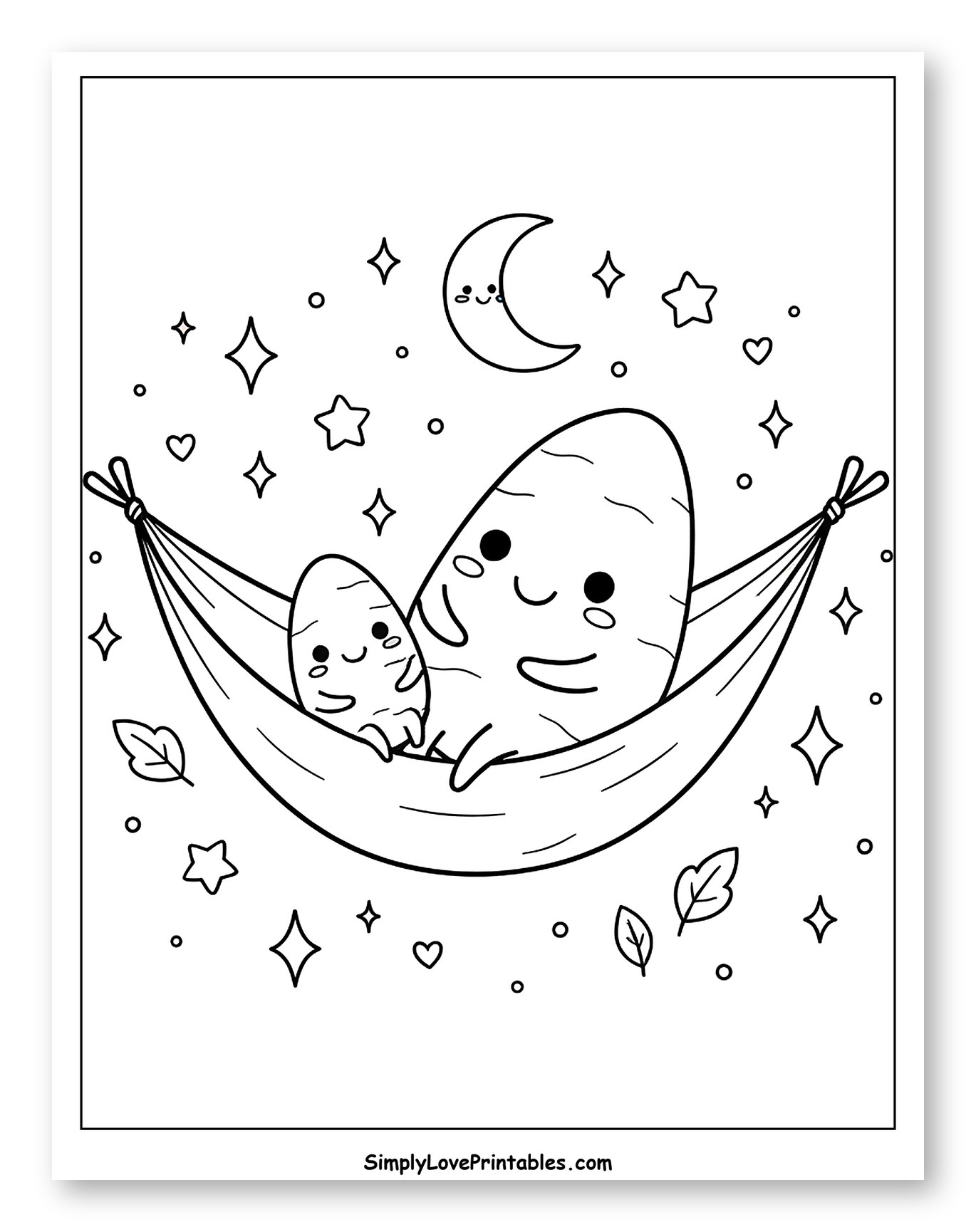 Cute Potatoes Napping in Hammock at Night to Color for Adults