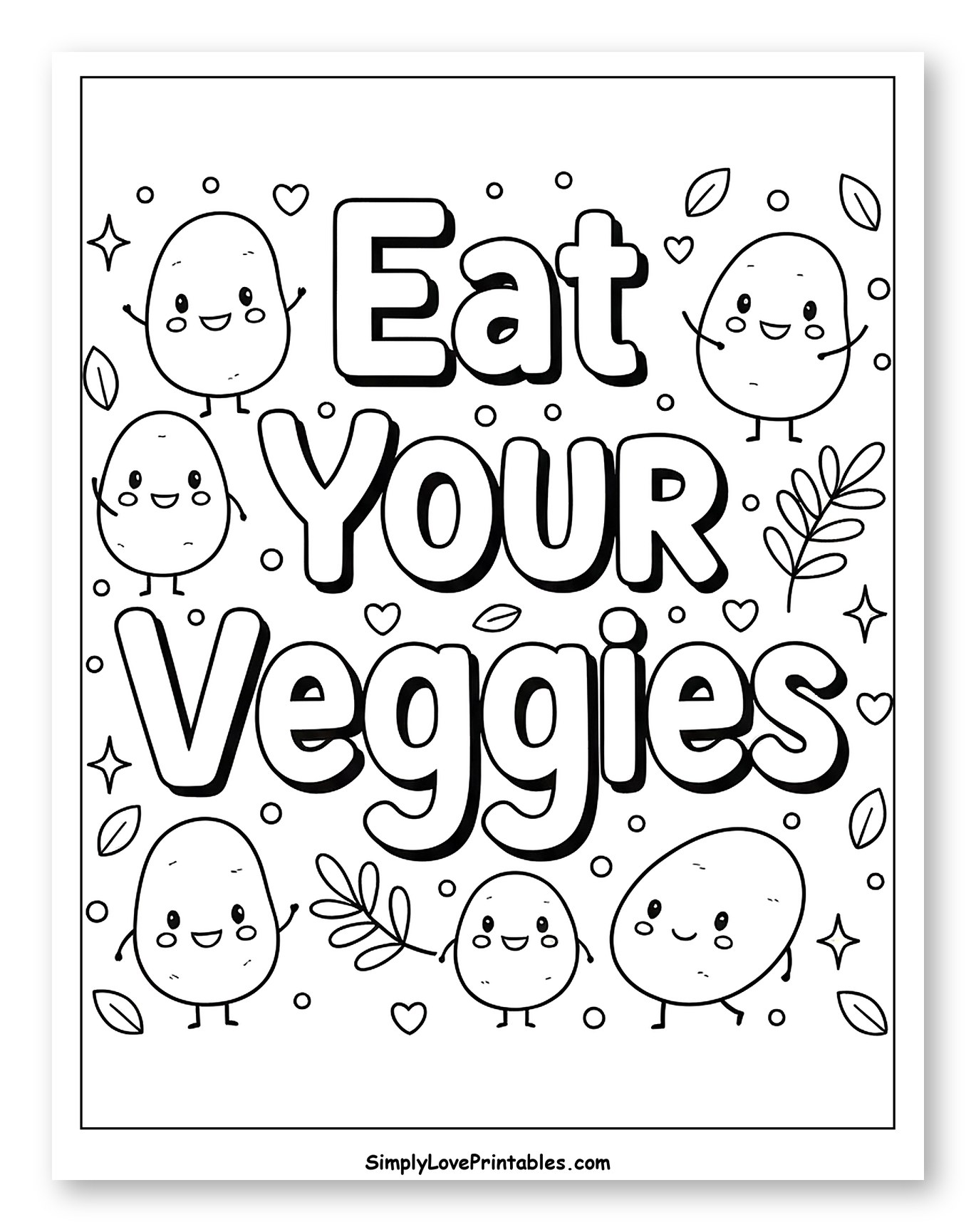 Cute Potatoes with Eat Your Veggies Slogan Coloring Sheet for Adults