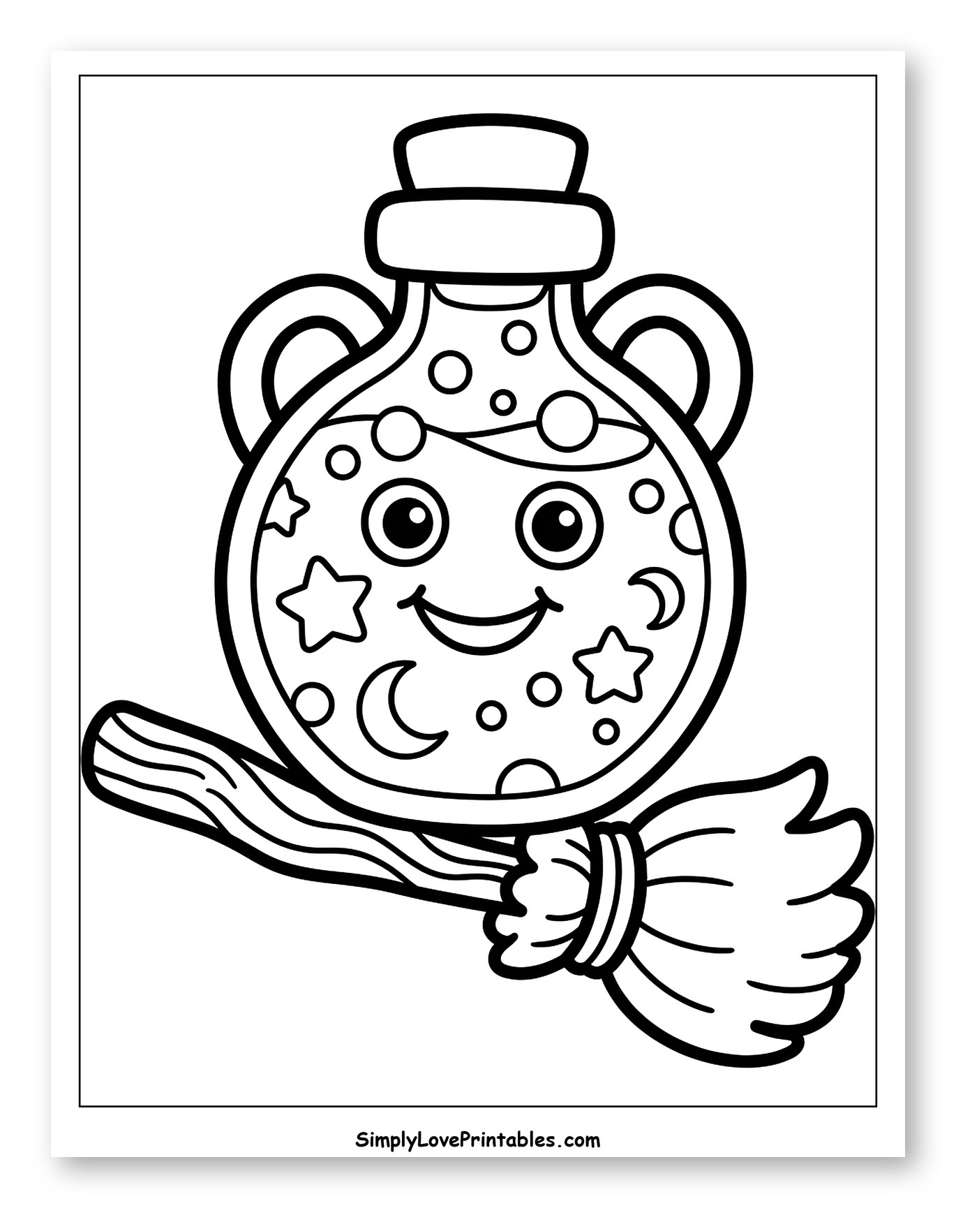 Cute Potion Bottle Riding a Halloween Broomstick Coloring Page for Toddlers