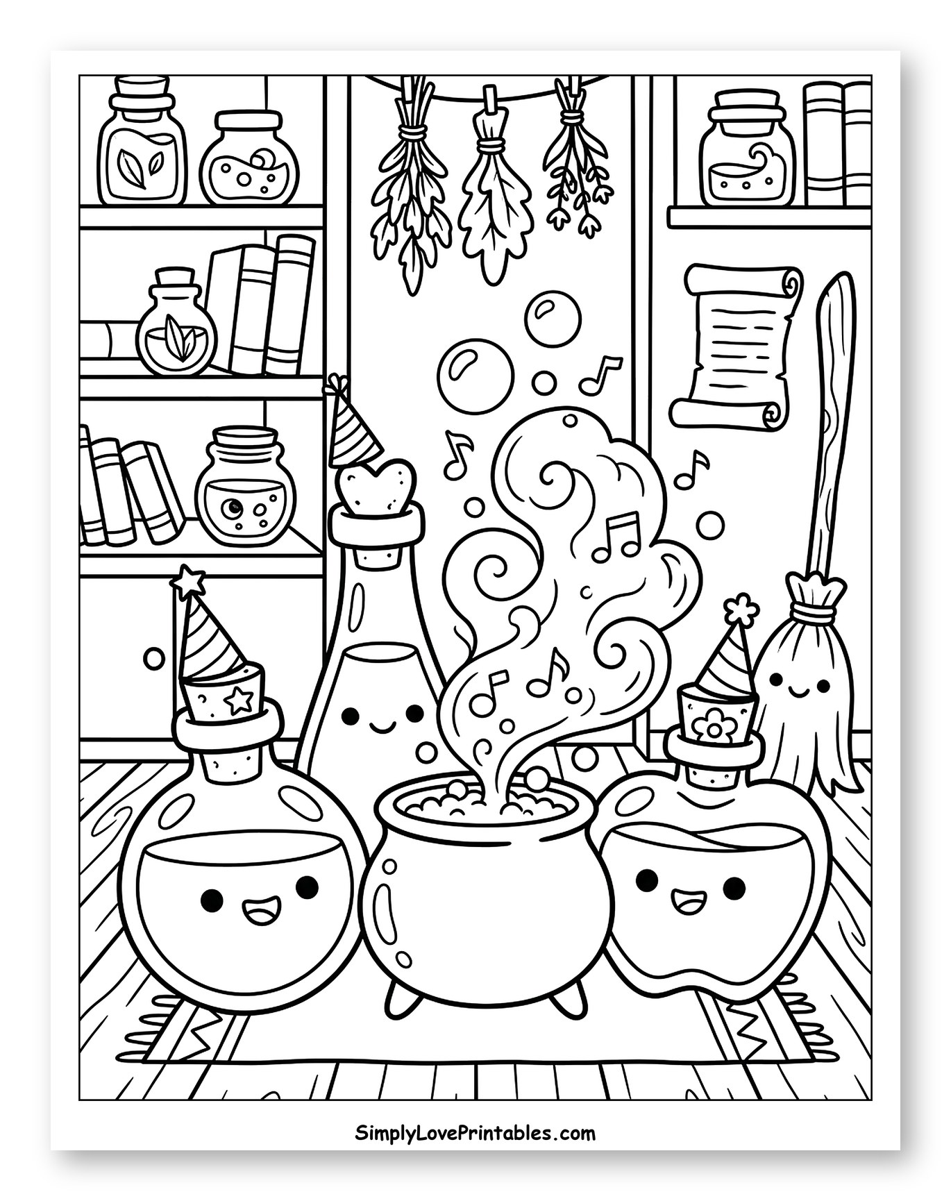 Cute Potion Bottles and Bubbling Cauldron Scene Coloring Page for Kids