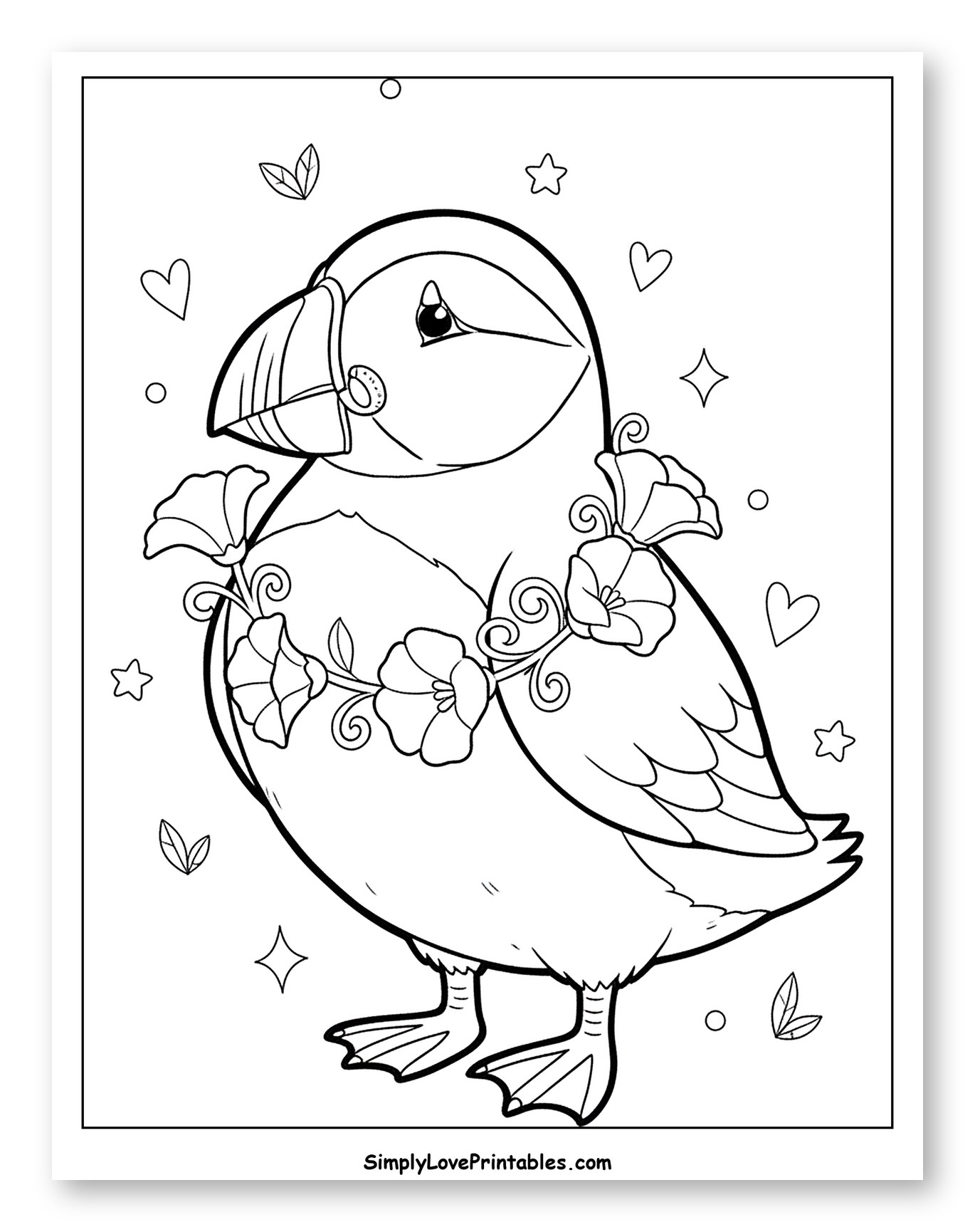 Cute Puffin Adorned with a Flower Garland Coloring Sheet for Adults