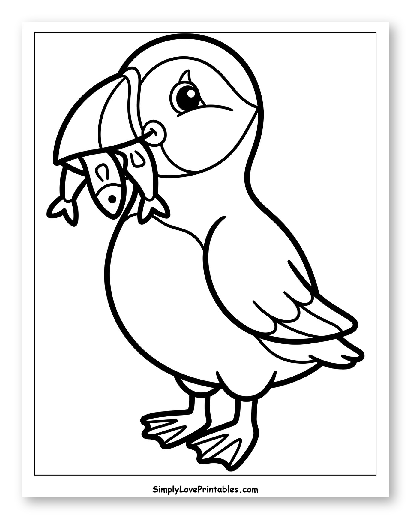 Cute Puffin Bird with Fish in Beak to Color for Toddlers