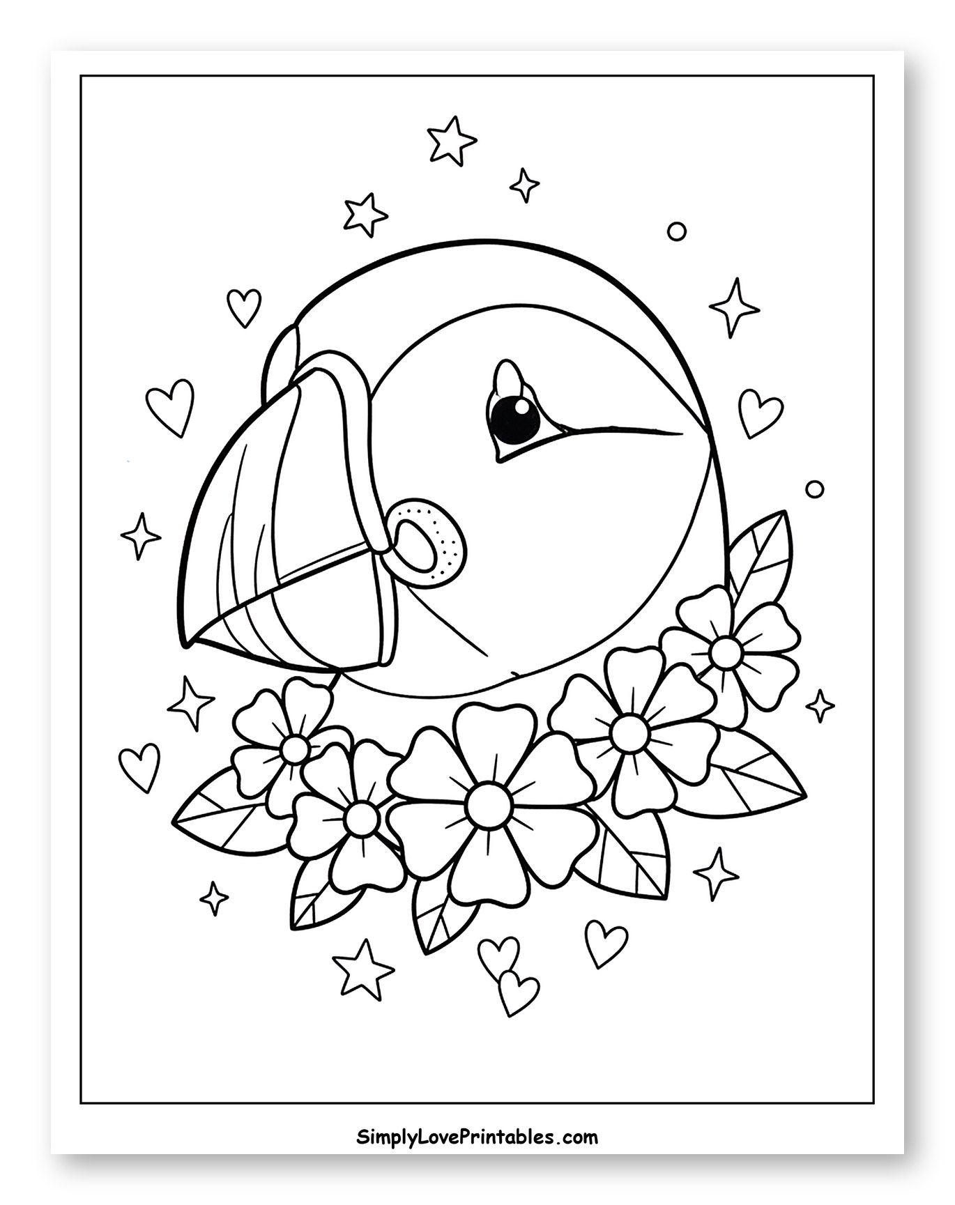 Cute Puffin Head with Flowers, Hearts, and Stars