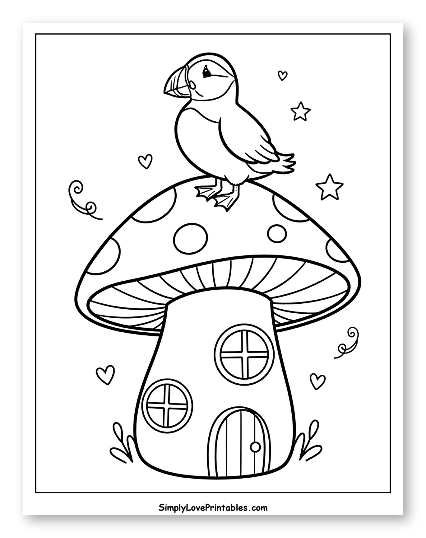Cute Puffin on a Mushroom House