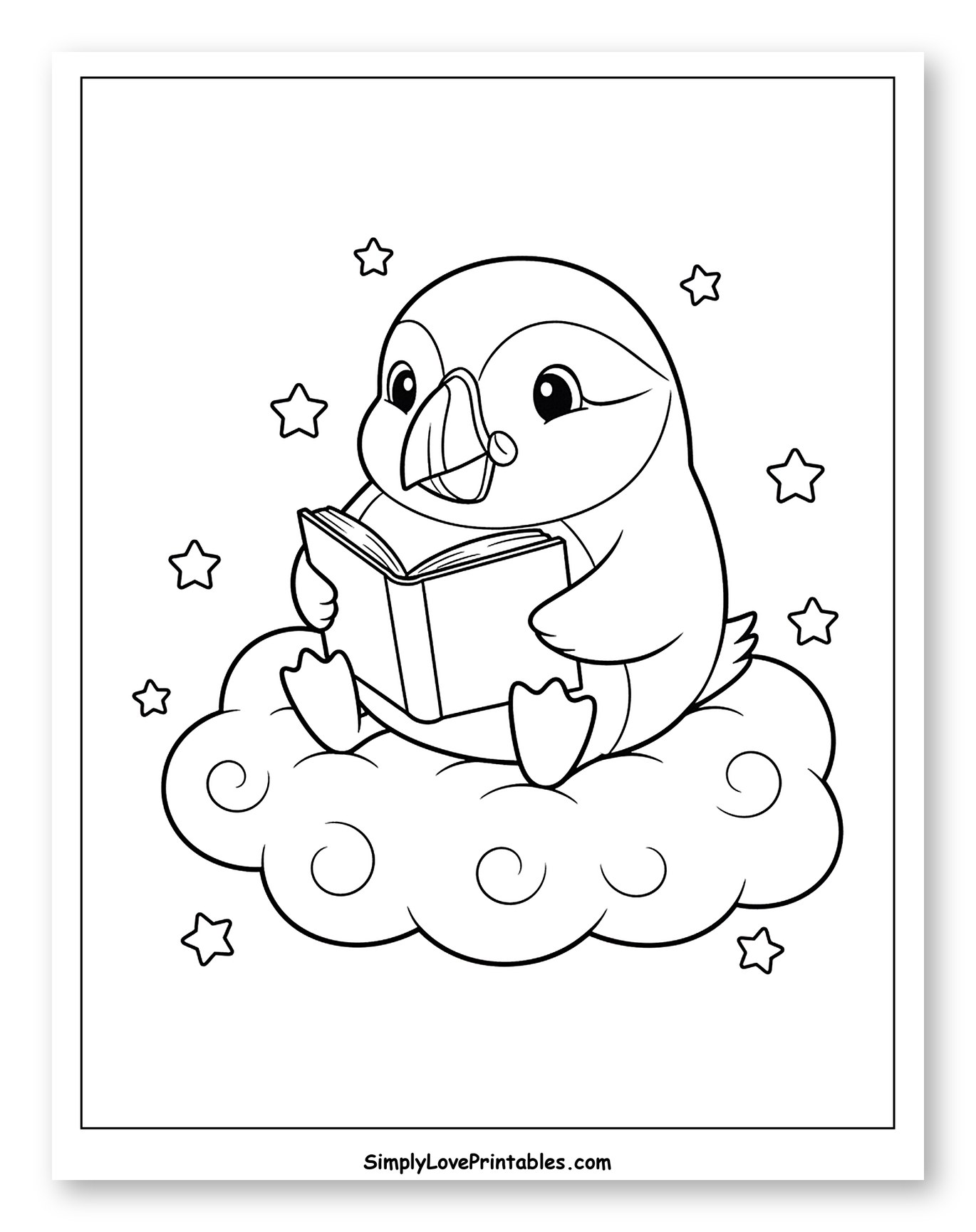 Cute Puffin Reading a Book on a Cloud