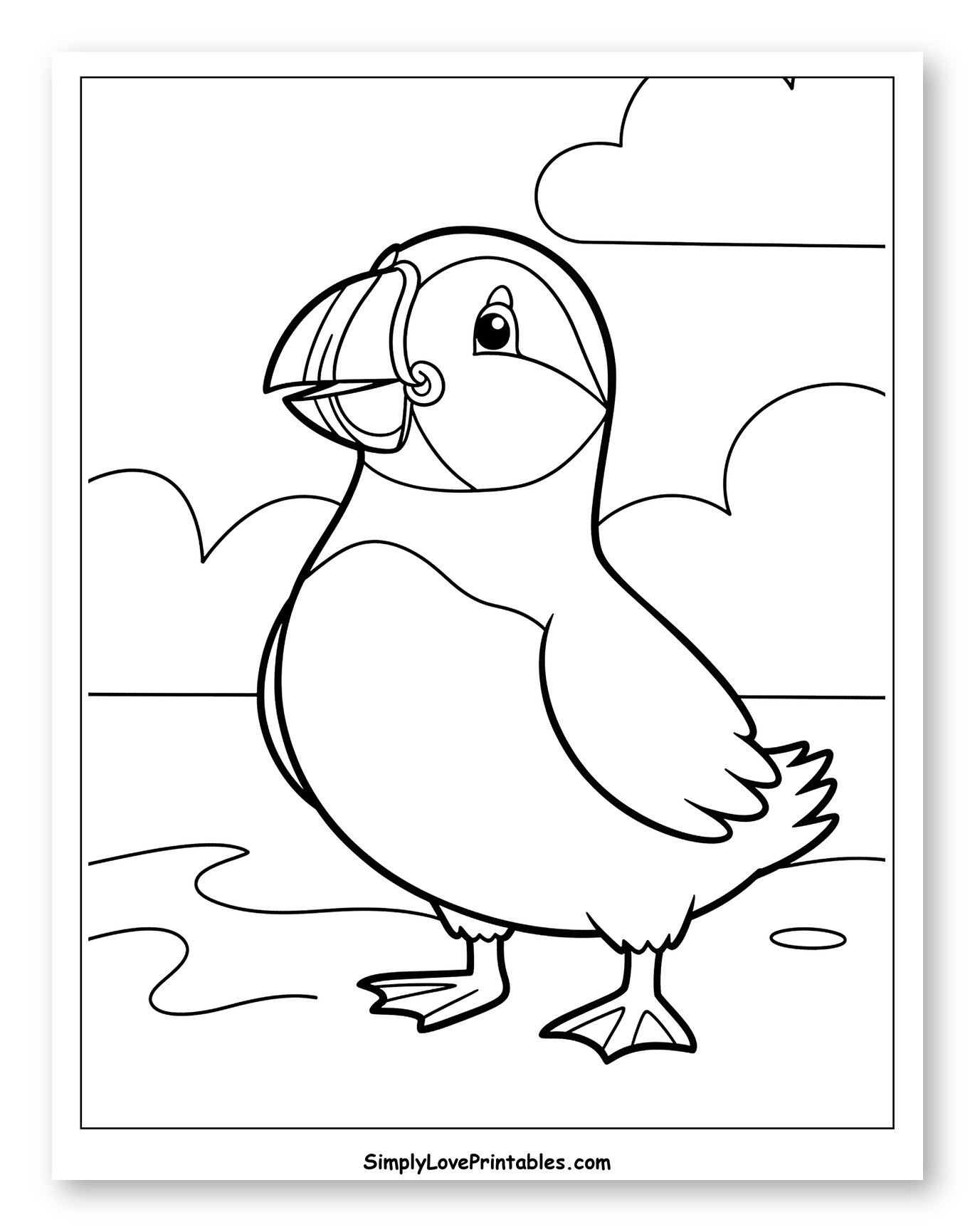 Cute Puffin Standing by Wavy Ground