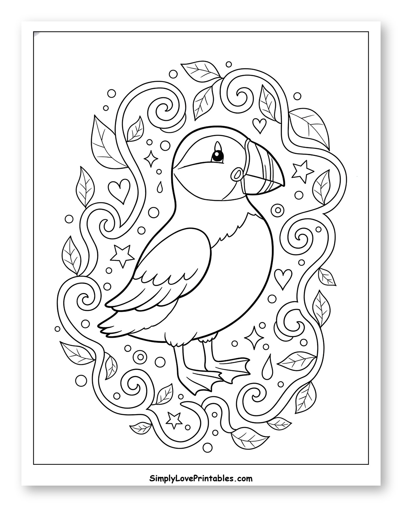 Cute Puffin Surrounded by Swirling Vines and Stars