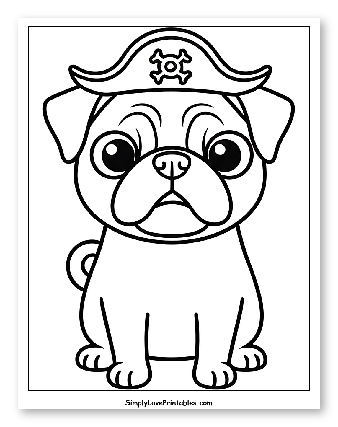 Cute Pug Dog Wearing Pirate Hat Coloring Sheet for Toddlers