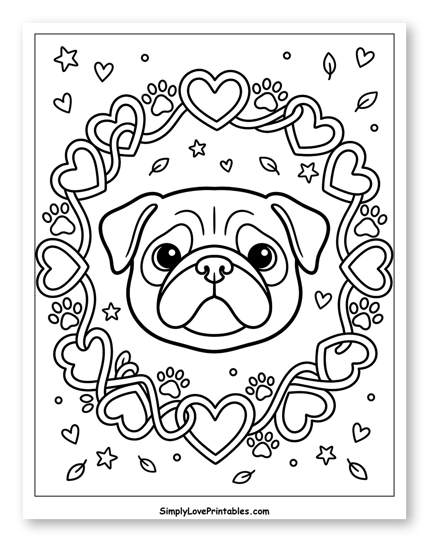 Cute Pug Face with Heart and Paw Print Border Coloring Sheet for Adults