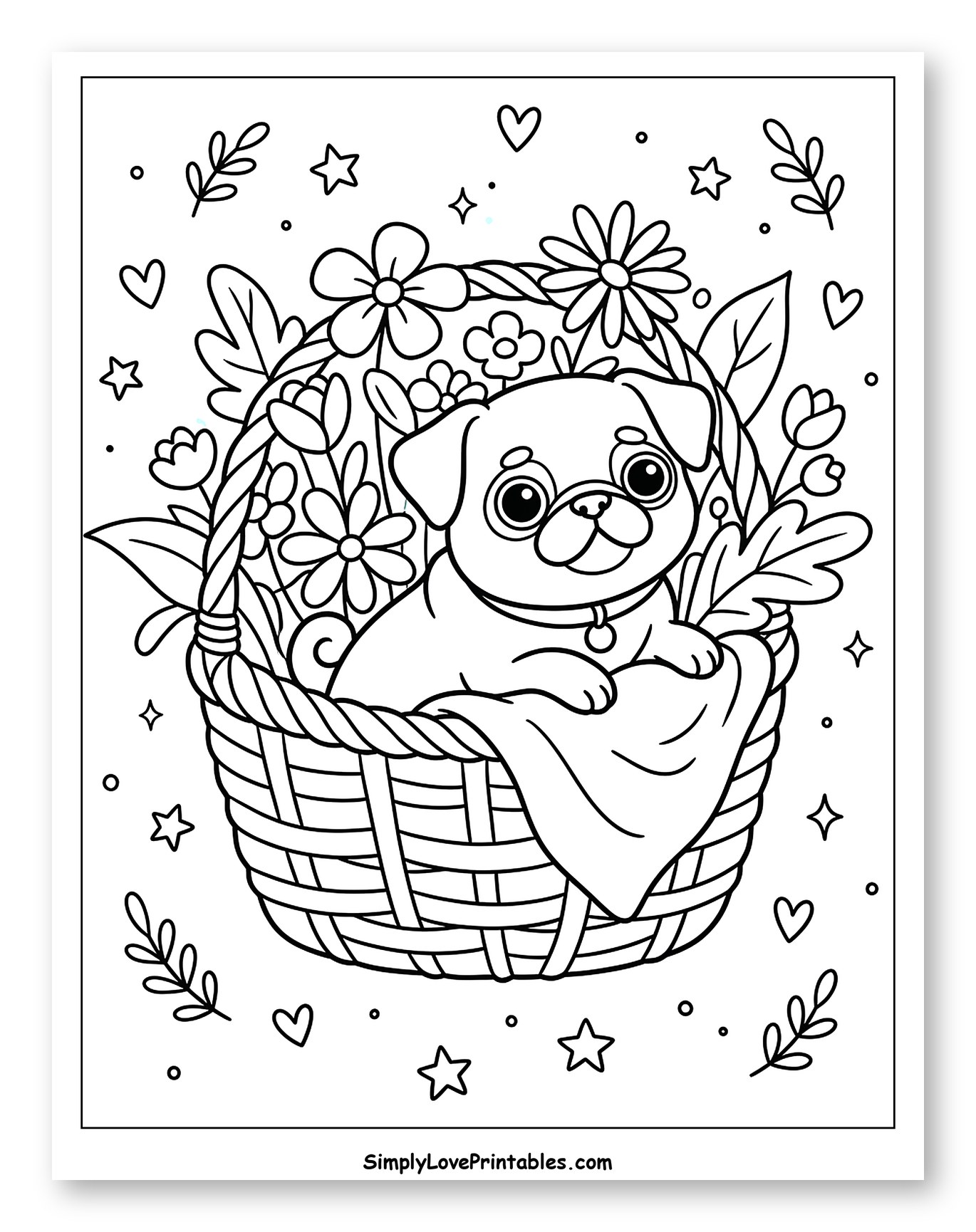 Cute Pug Puppy in Decorated Flower Basket
